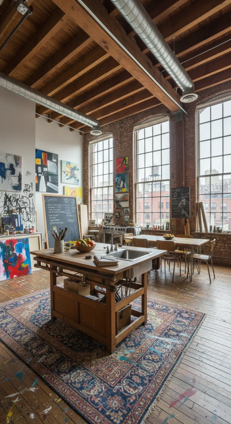 Loft di un artista con cucina, area lavoro e un grande tappeto persiano.