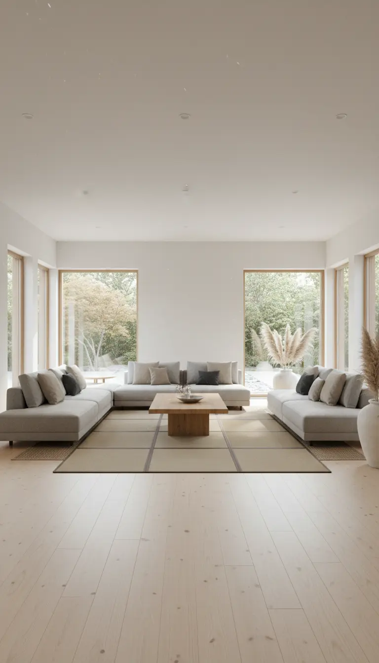 Grande open space con parquet chiaro dove un'ampia area in tatami definisce la zona soggiorno.