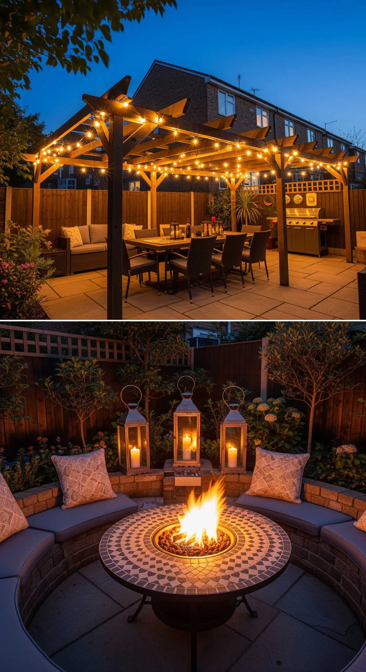 Collage di un'area pranzo sotto un pergolato illuminato e un'area relax con braciere centrale