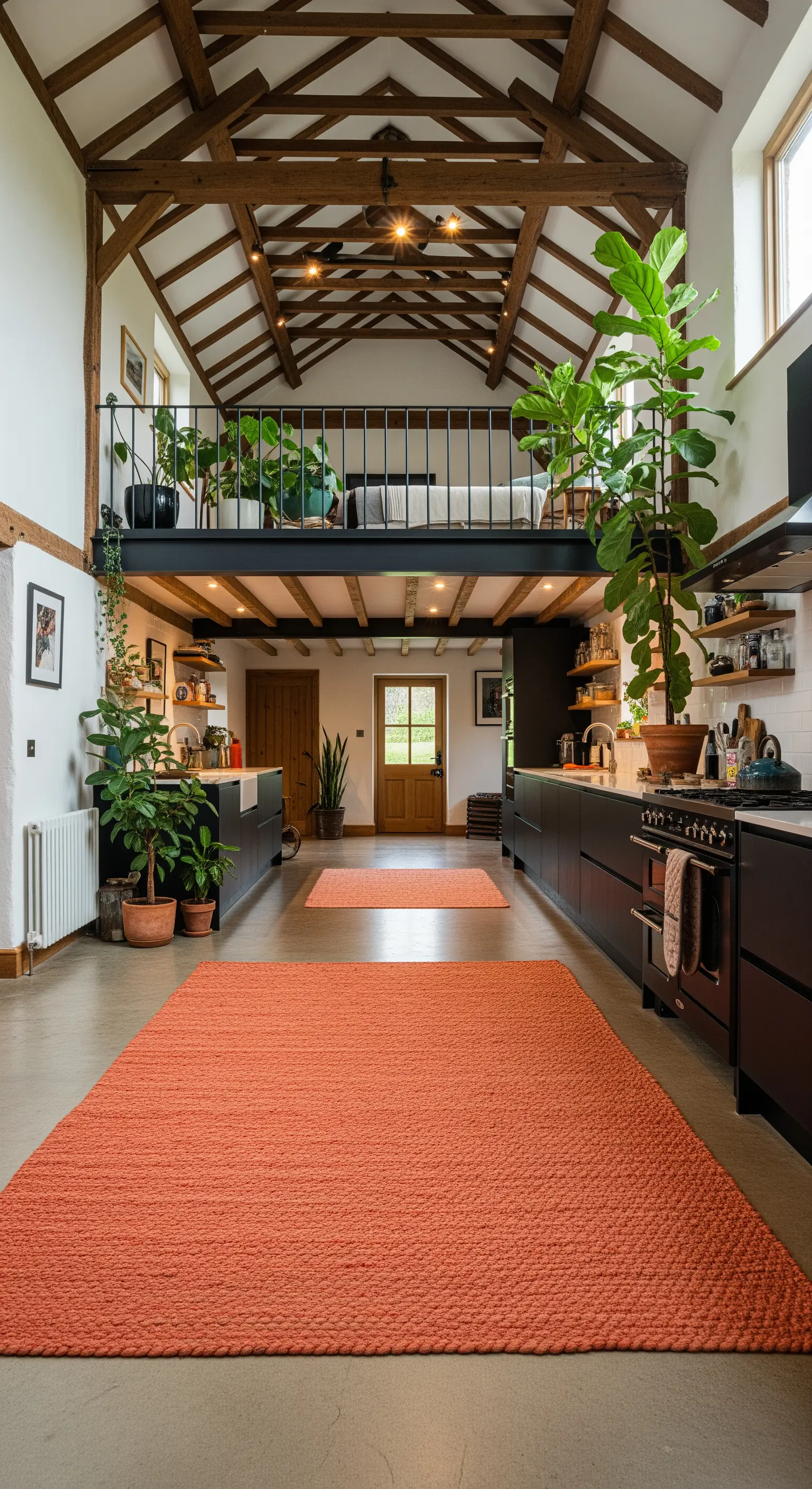 Grande cucina open space con travi a vista e un lungo tappeto color terracotta.