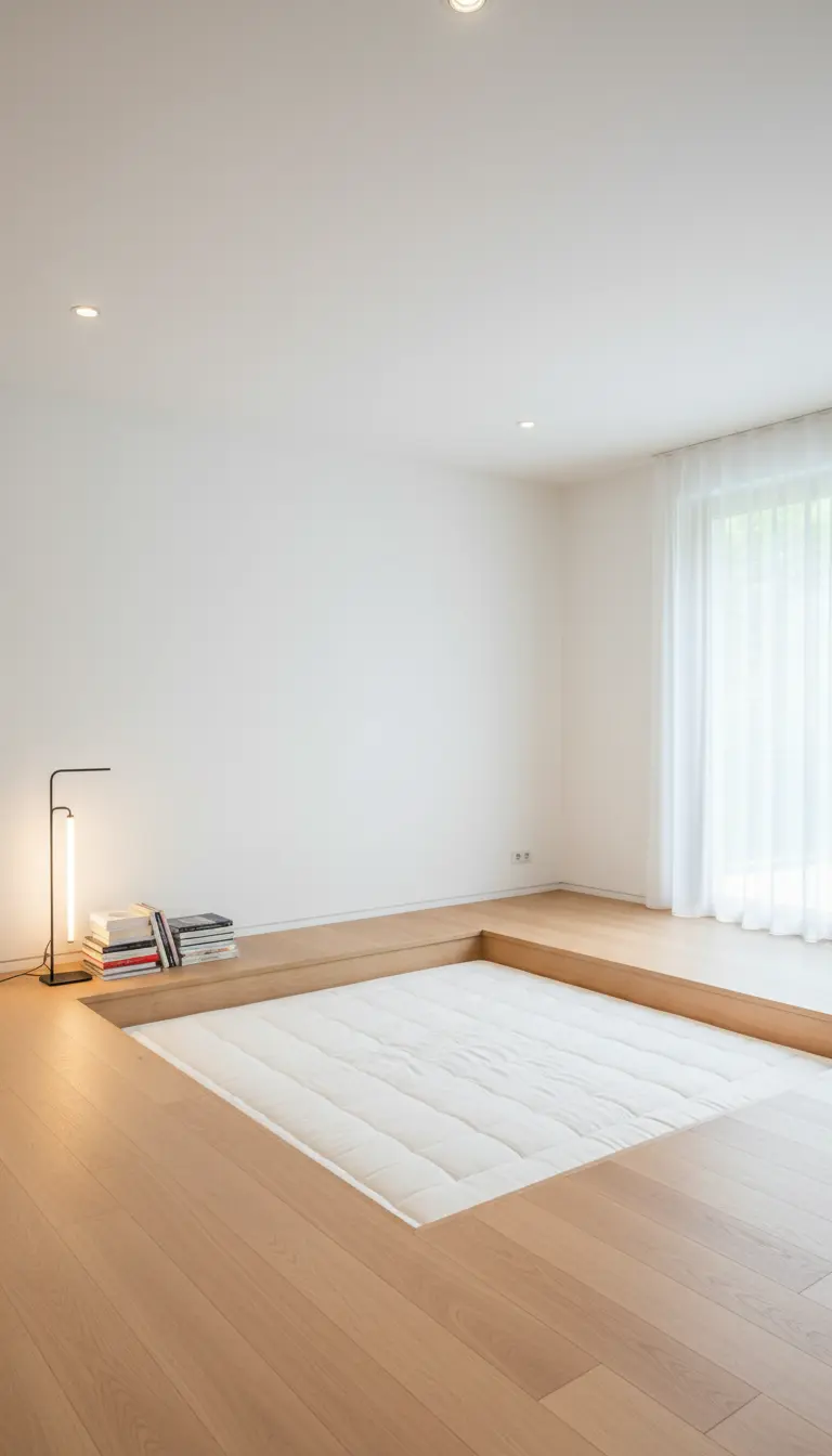 Letto a materasso incassato in una piattaforma di parquet di legno chiaro, in una stanza bianca.