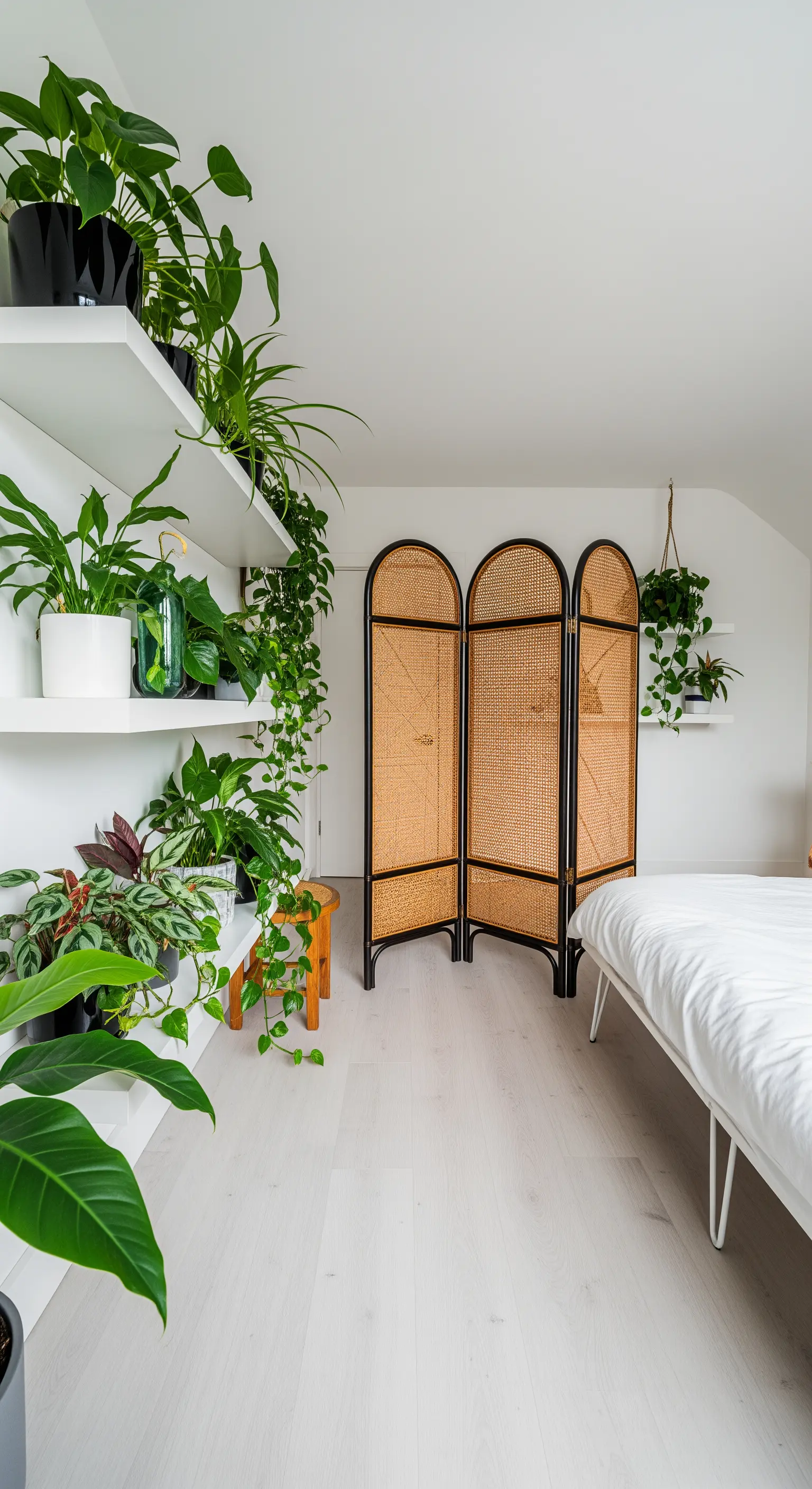 Paravento vintage in rattan e legno nero in una camera da letto minimalista con molte piante.