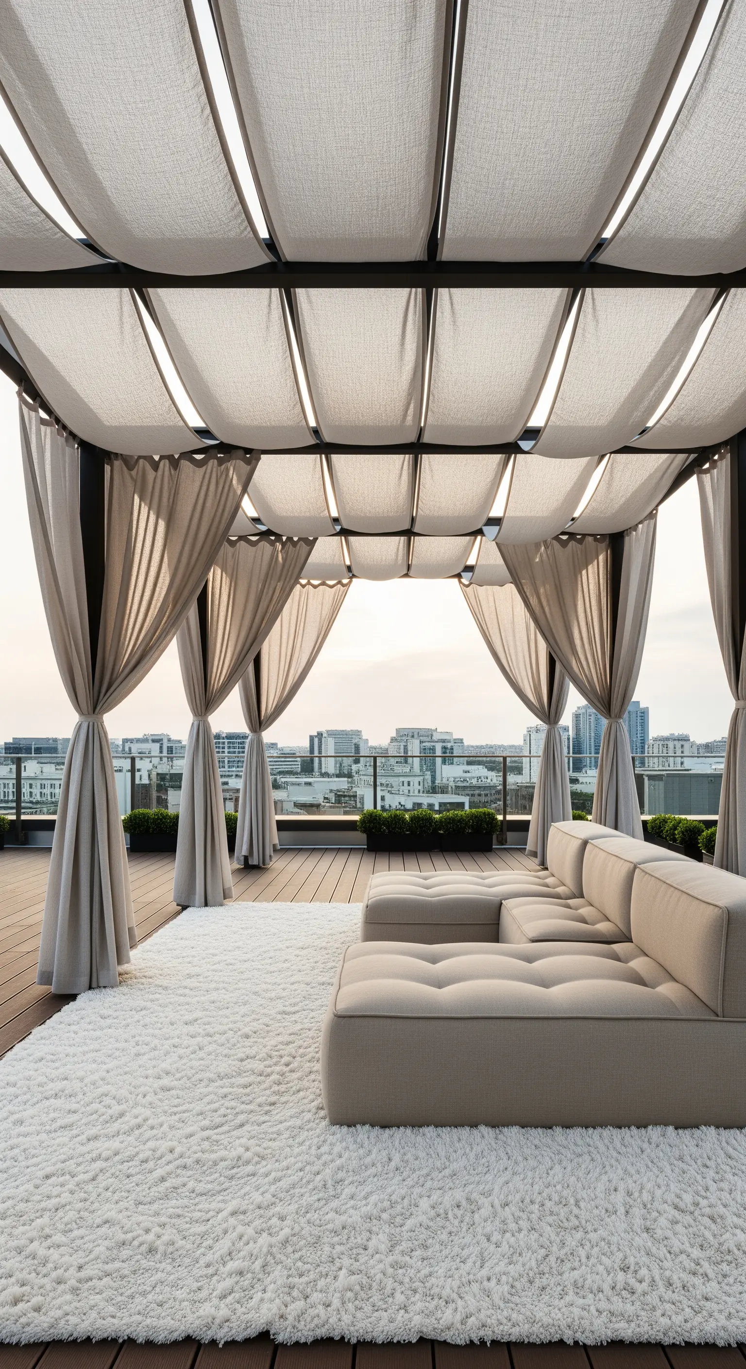 Terrazza moderna con pergola rivestita in tessuto, divano modulare beige e ampio tappeto bianco.