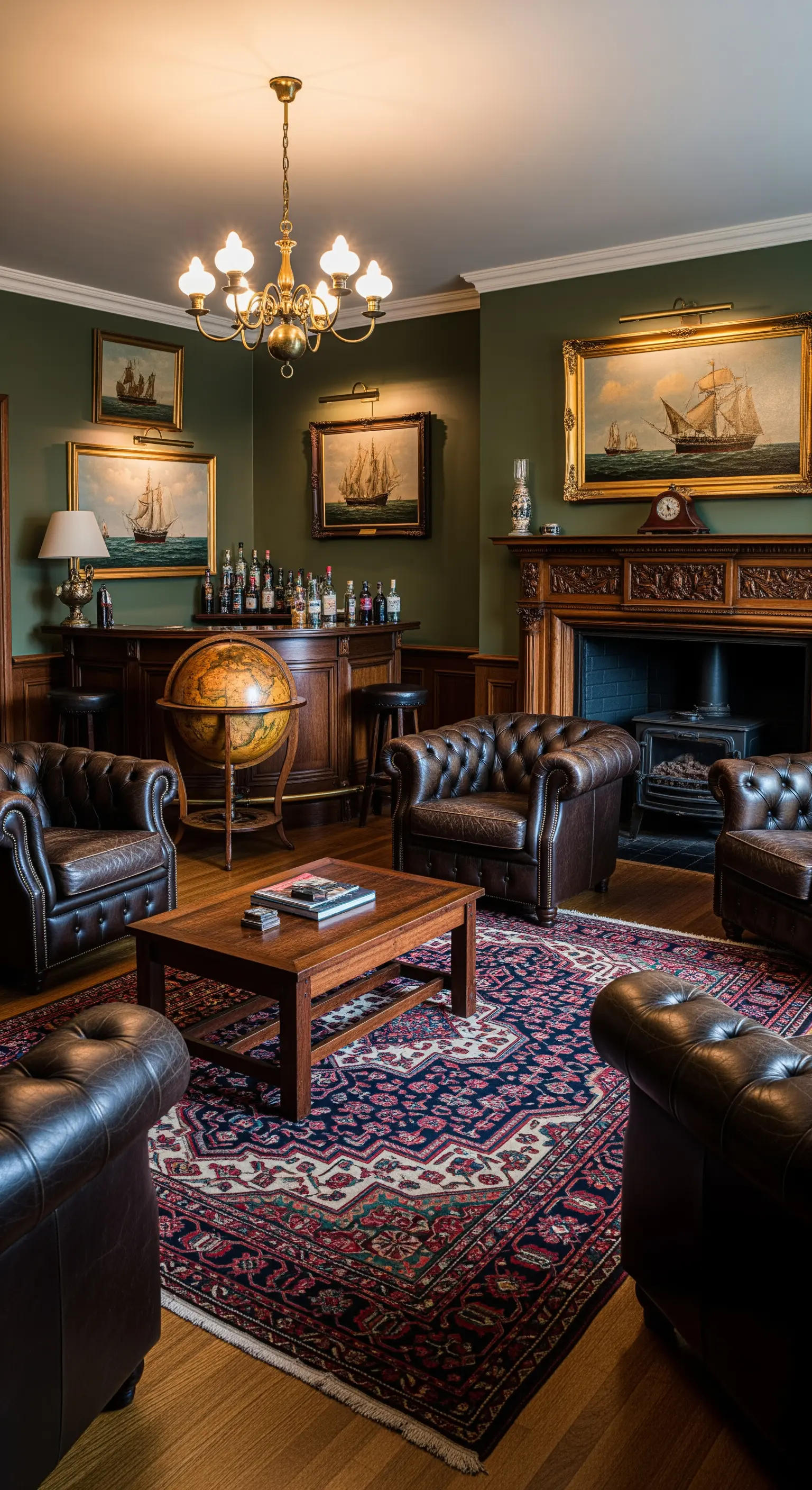 Salotto con poltrone Chesterfield in pelle, angolo bar e mappamondo d'epoca.