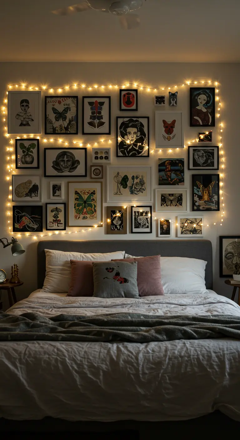 Una galleria di quadri incorniciati da una stringa di piccole luci sopra la testiera del letto.