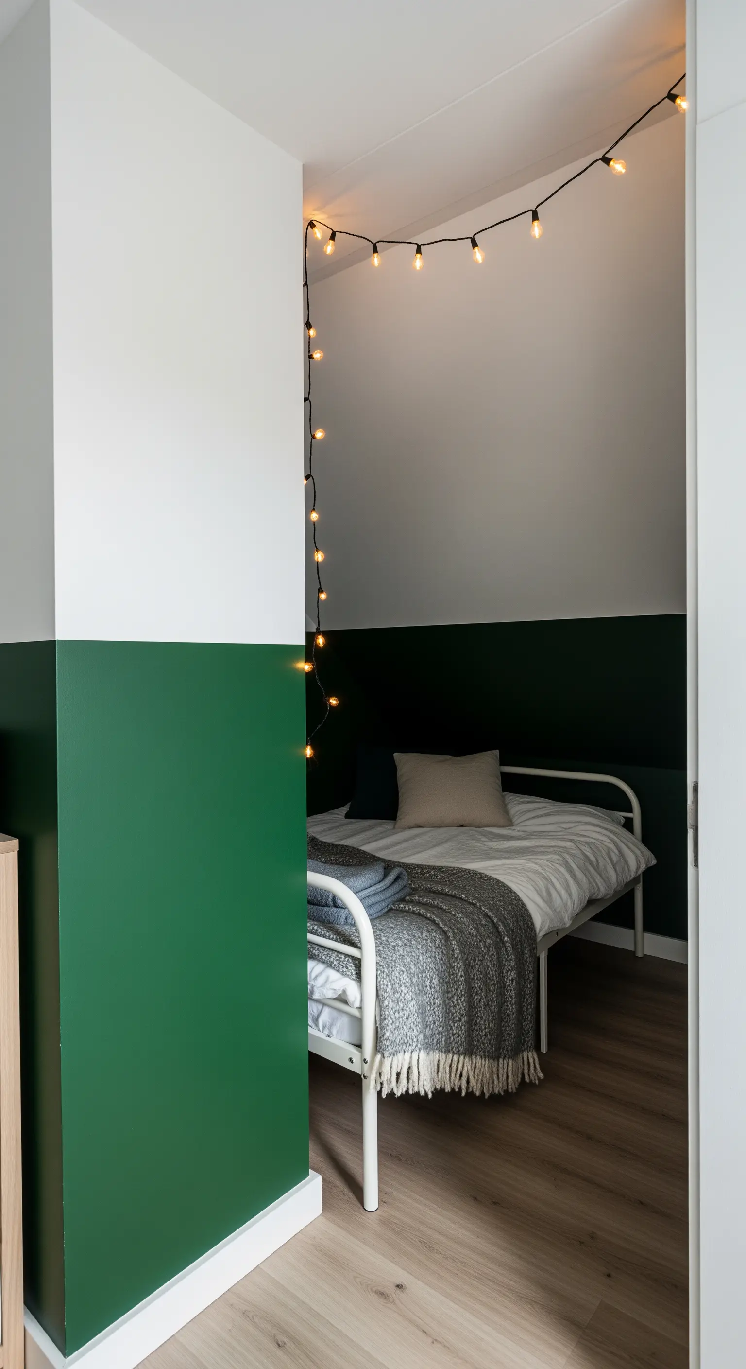 Nicchia accogliente con letto, definita da una parete bicolore verde scuro e bianca e lucine.