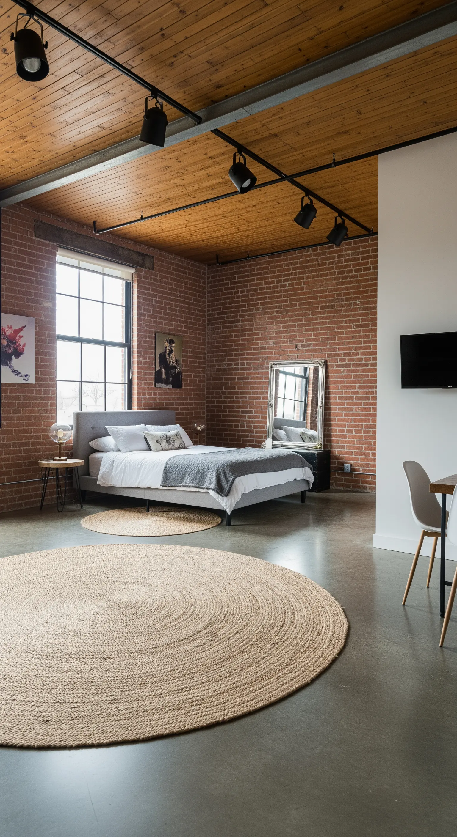 Loft con pareti di mattoni e soffitto in legno, con grandi tappeti rotondi in juta sul pavimento.