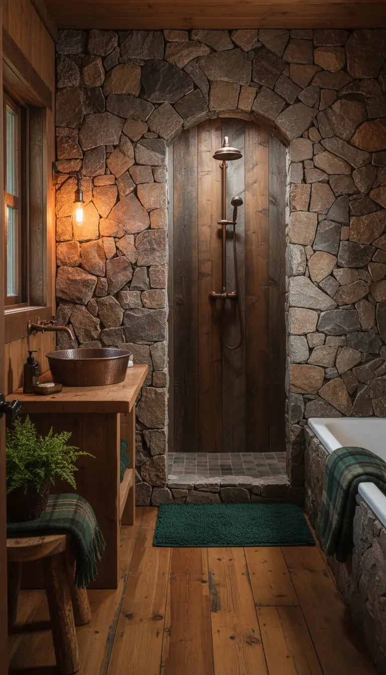 Bagno rustico con pareti in pietra, doccia ad arco in legno e lavabo in rame.