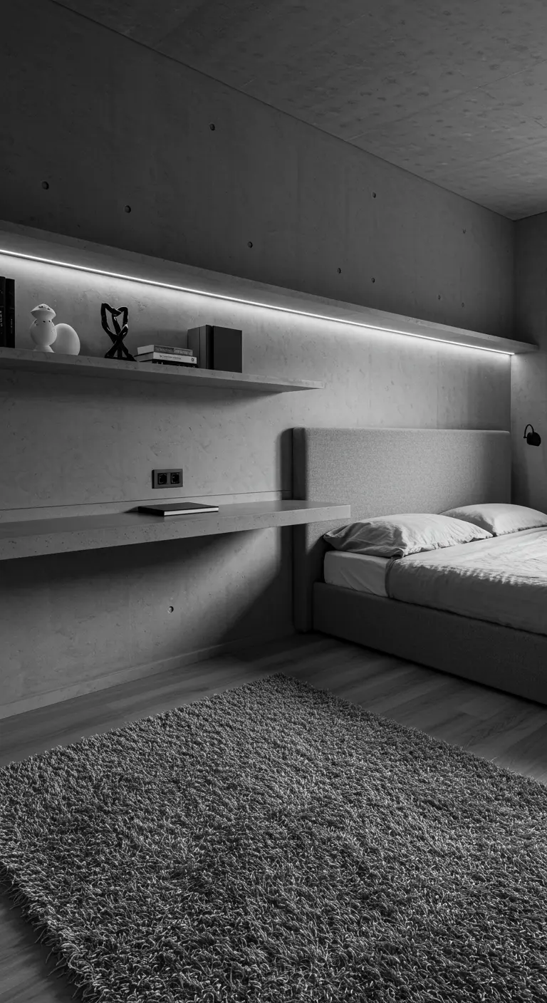 Scrivania minimalista a mensola in una camera in cemento, illuminata da una striscia LED.