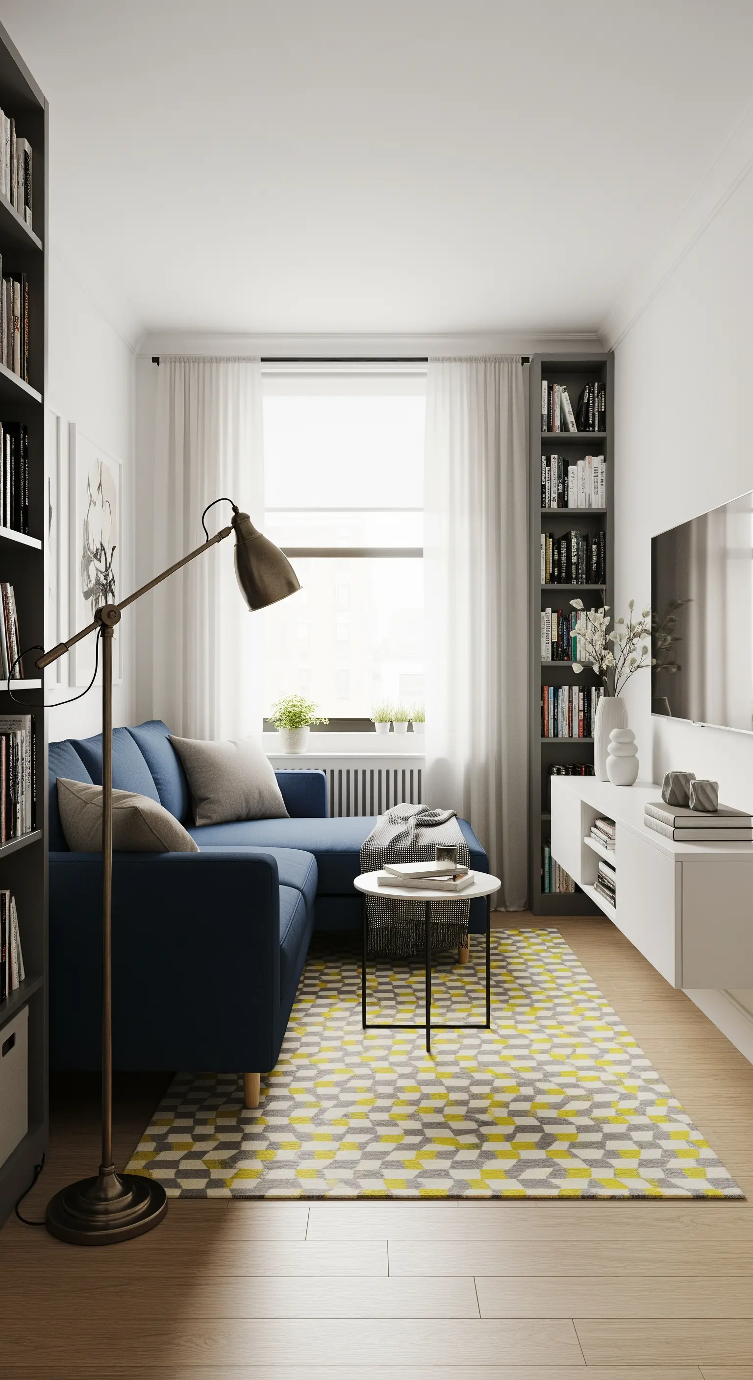 Salotto stretto e lungo con divano blu, tappeto giallo e grigio e librerie a tutta altezza.