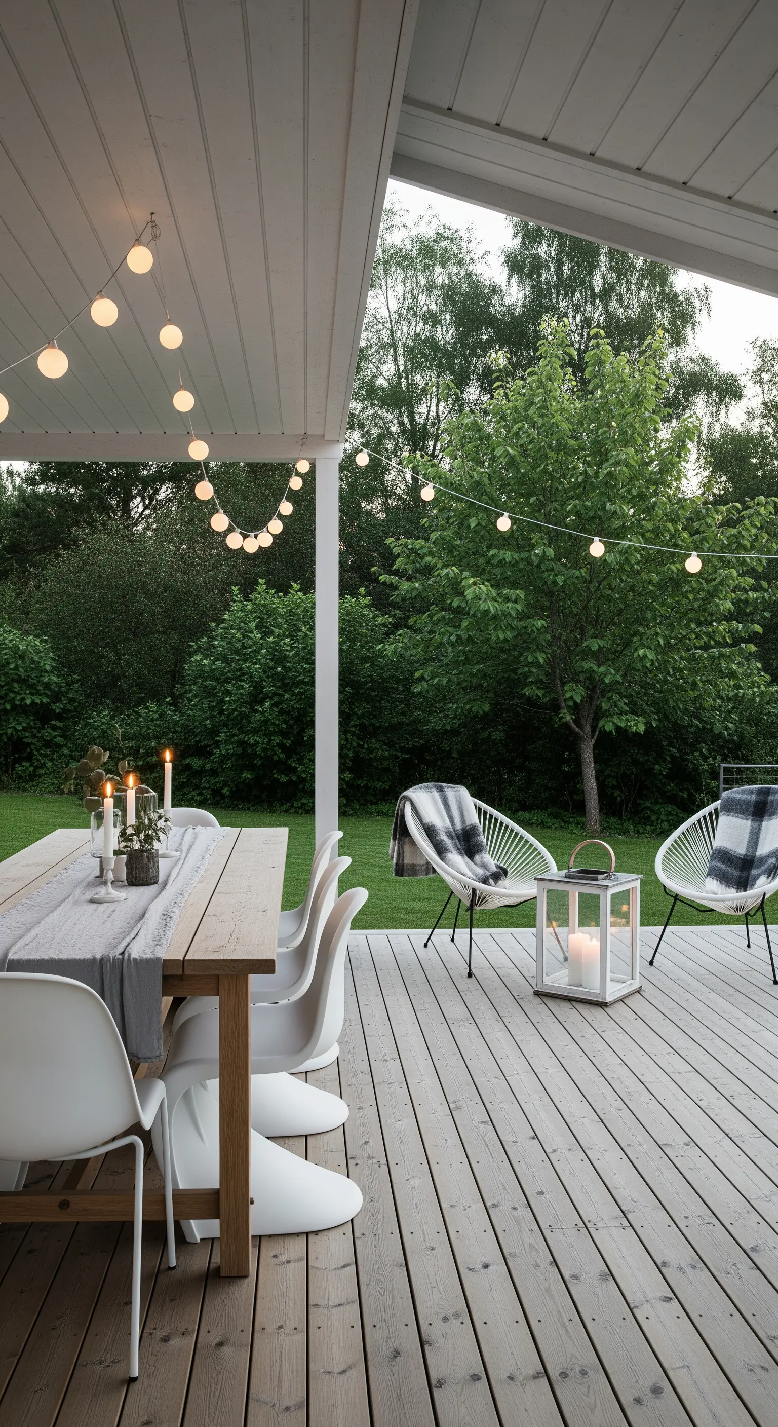 Tavolo da pranzo in legno su un patio coperto, illuminato da una catena di luci a bulbo.