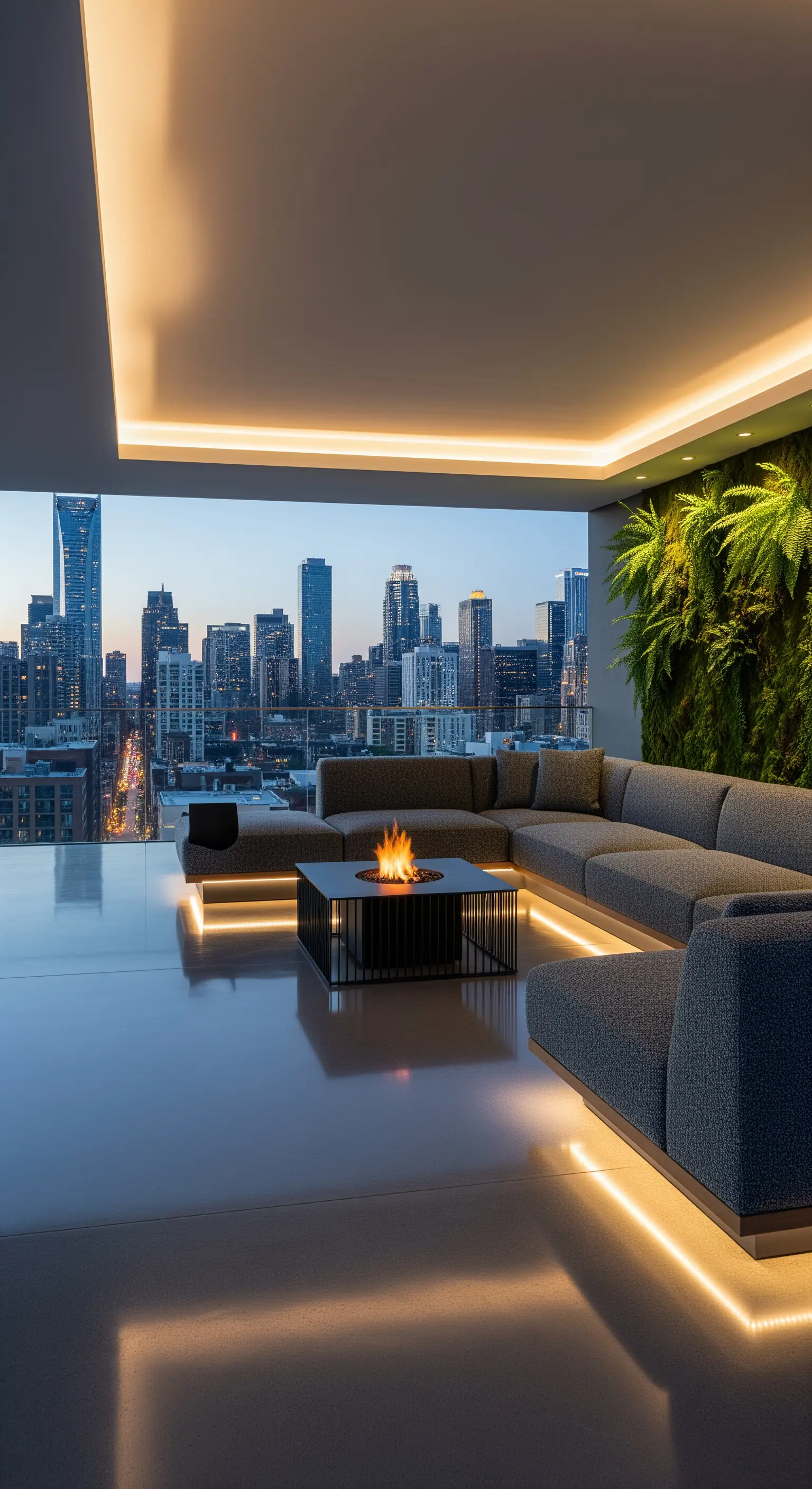 Terrazza moderna con divano grigio, braciere e illuminazione LED integrata nel soffitto e alla base