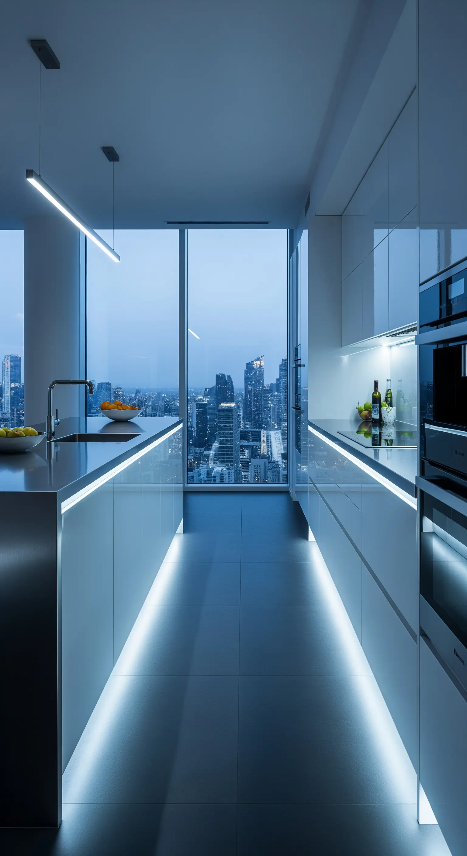 Cucina a corridoio con mobili bianchi lucidi e illuminazione LED blu integrata.