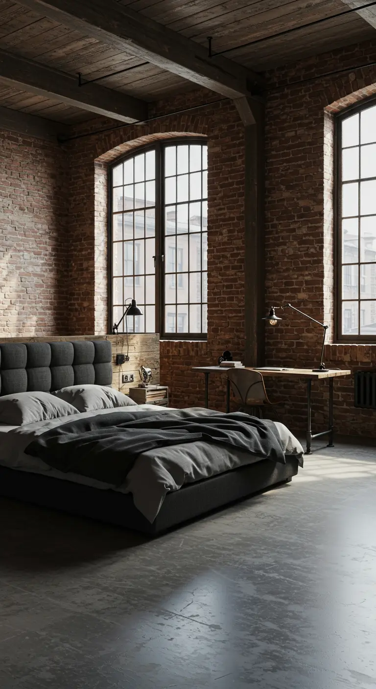 Camera industrial con scrivania in legno e metallo contro un muro di mattoni a vista.