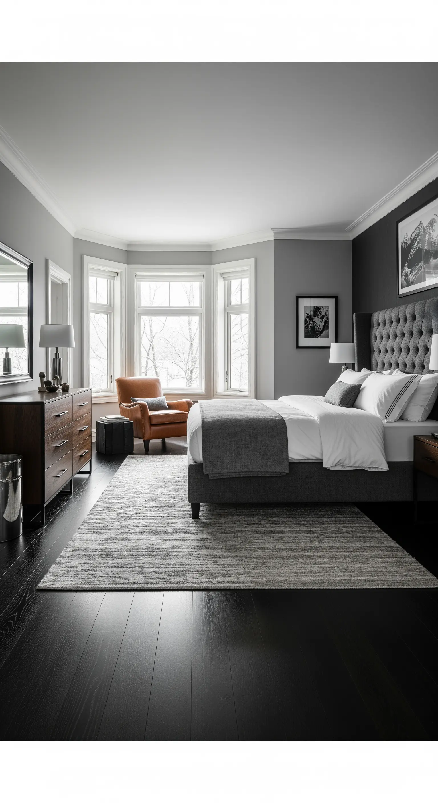 Camera da letto grigia con parquet scuro, tappeto grigio e una poltrona in pelle color cuoio