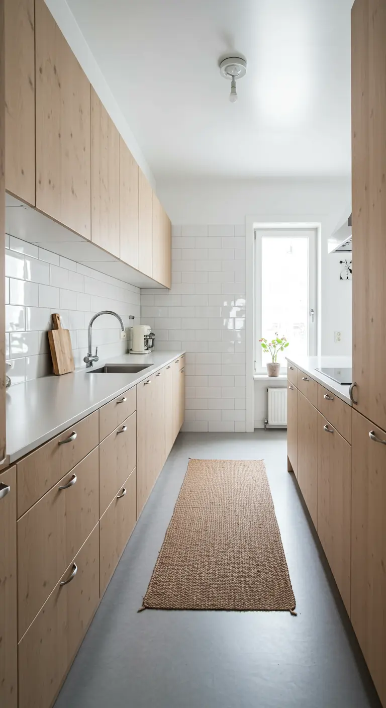 Cucina a corridoio con mobili in legno, pavimento in cemento e un lungo tappeto in juta.