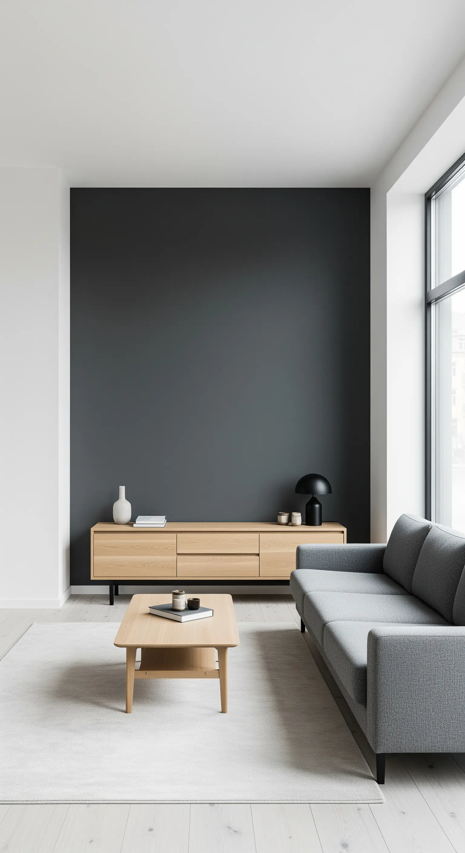 Credenza in rovere chiaro contro una parete grigio antracite in un salotto minimalista.