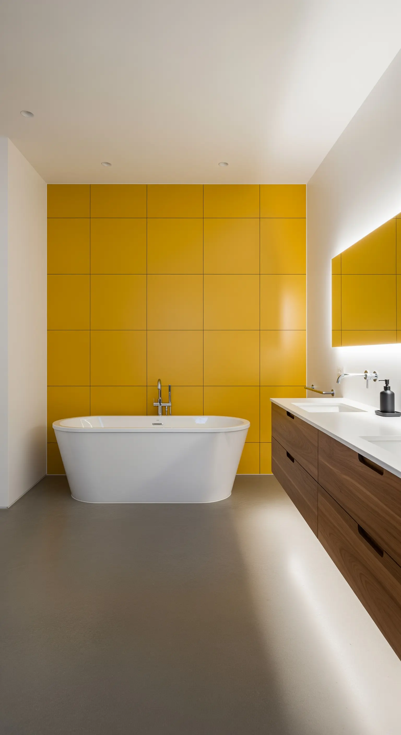 Bagno minimalista con parete d'accento gialla dietro una vasca bianca.
