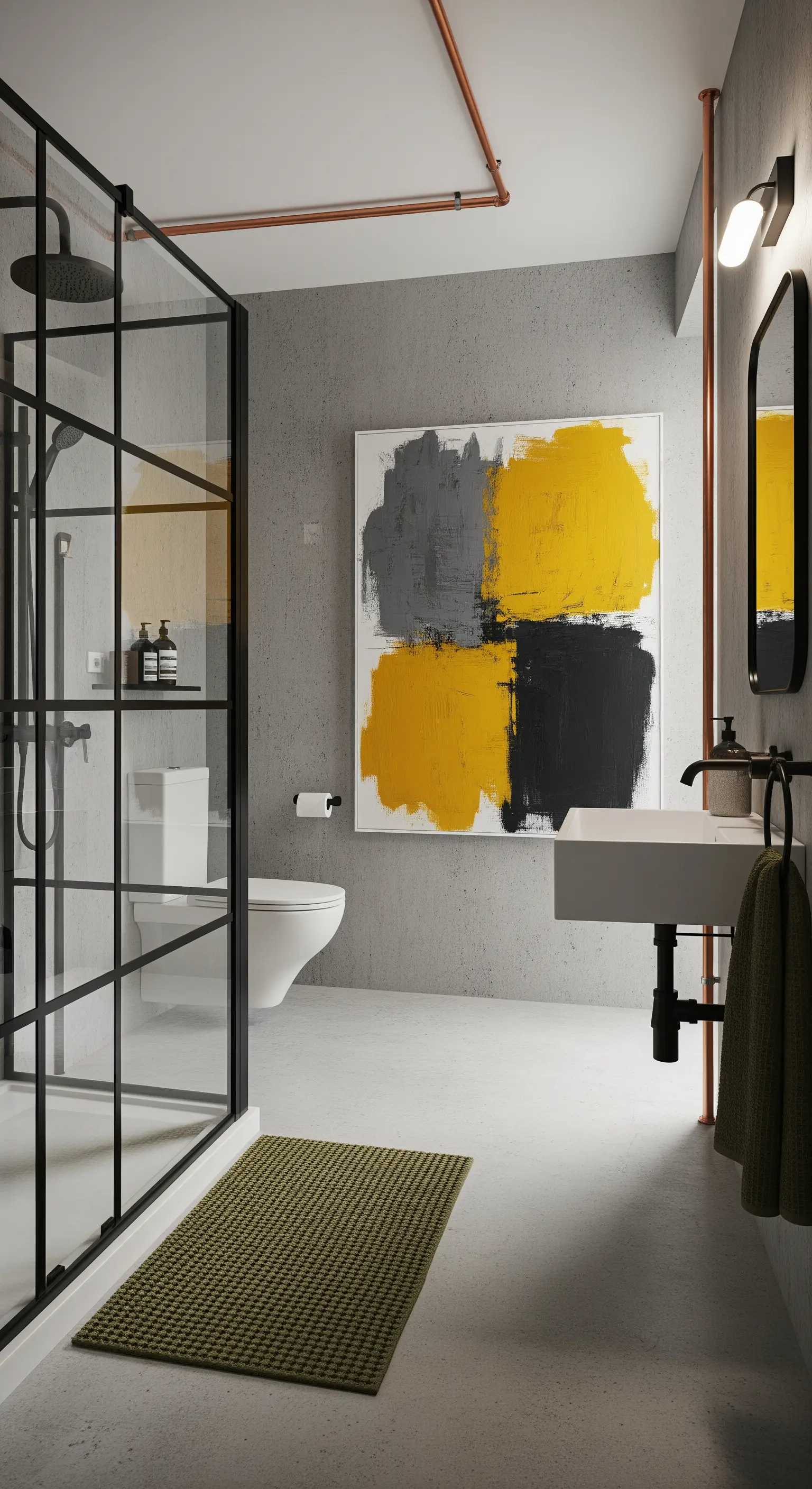 Bagno industrial con pareti in cemento, box doccia nero e un grande quadro astratto senape e nero.
