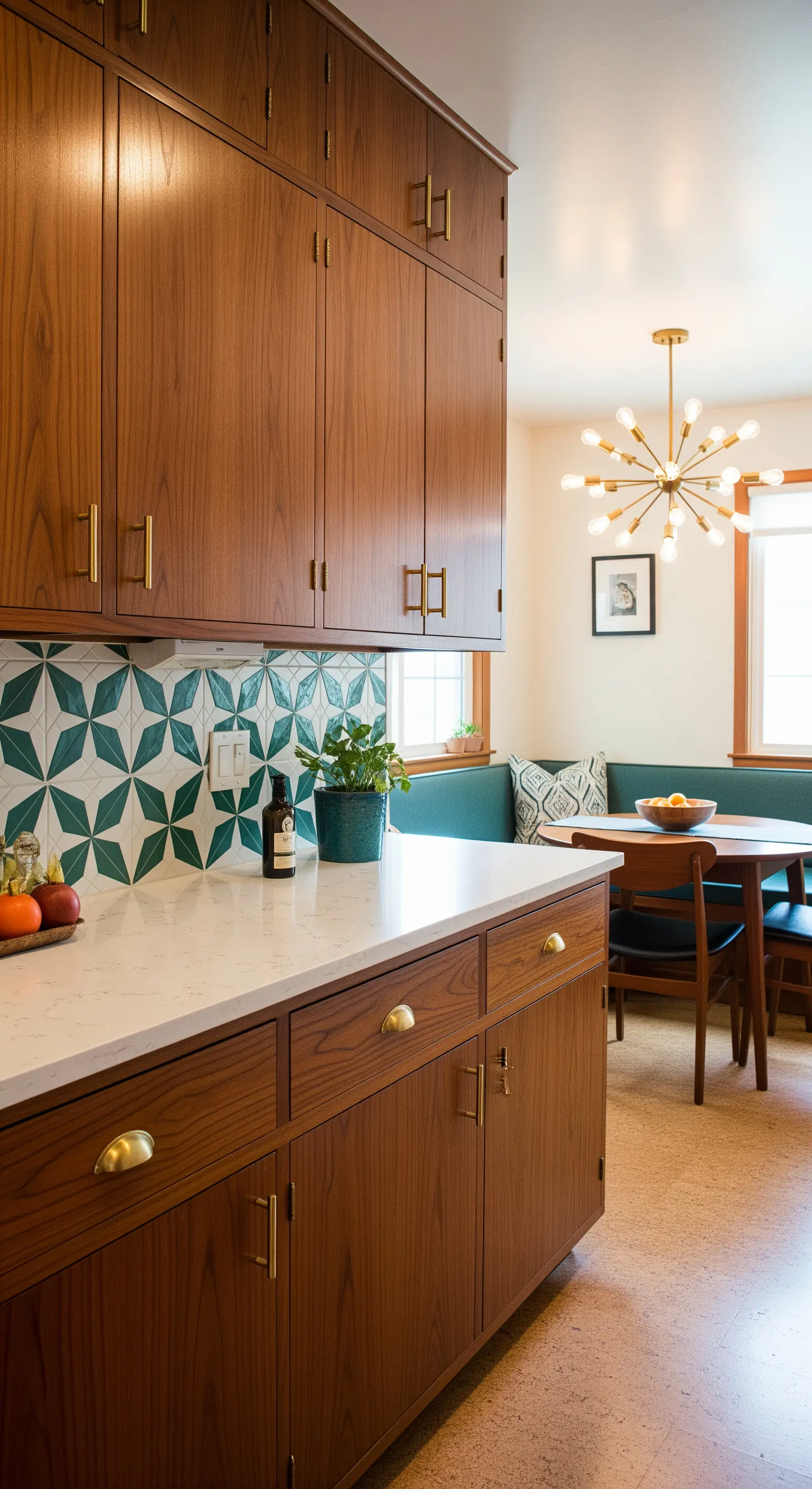 Cucina con mobili in legno, top bianco e paraschizzi con piastrelle geometriche verdi.