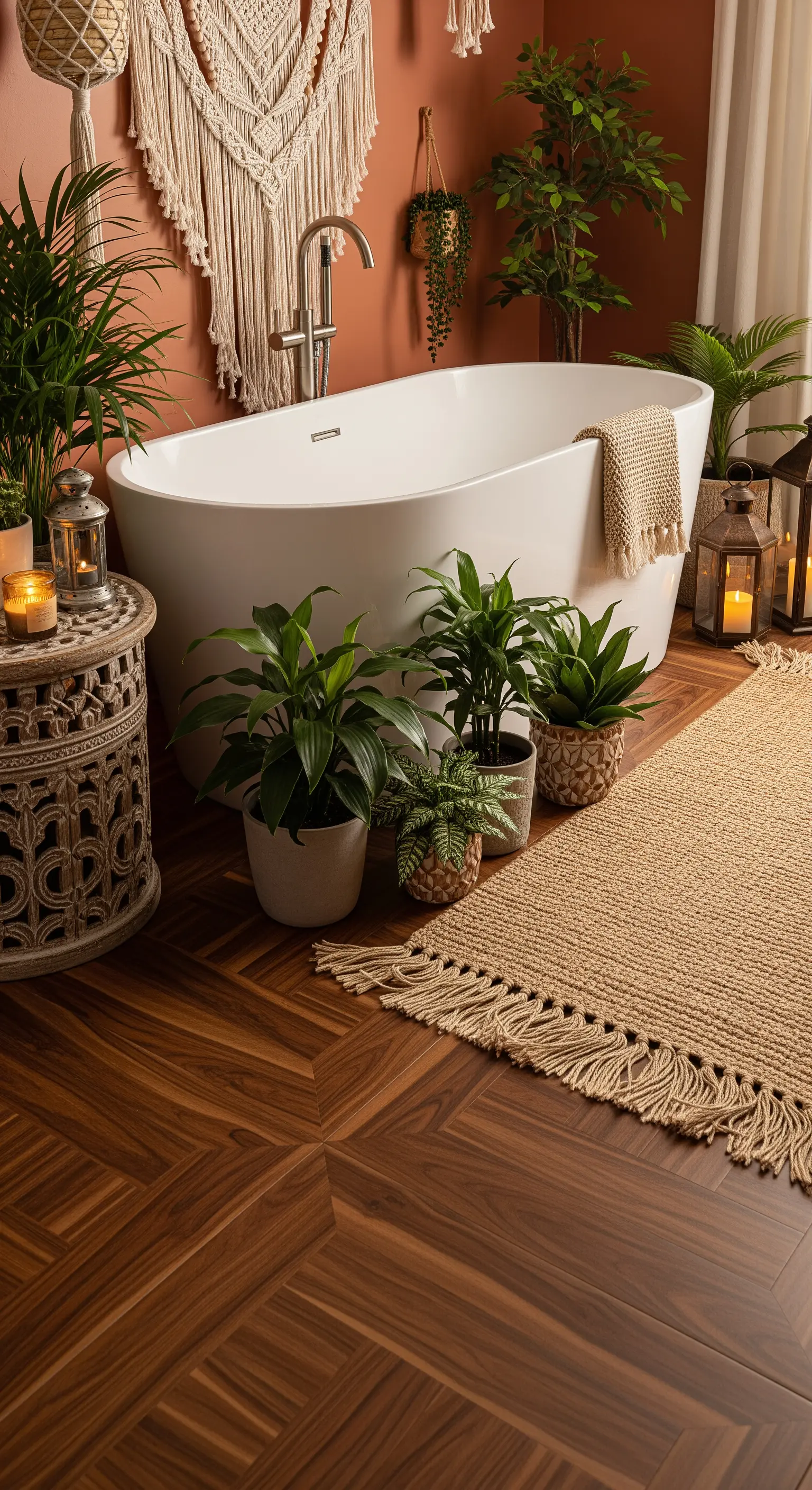 Angolo bagno bohémien con parquet a quadri, piante, tappeto in juta e arazzo in macramè.