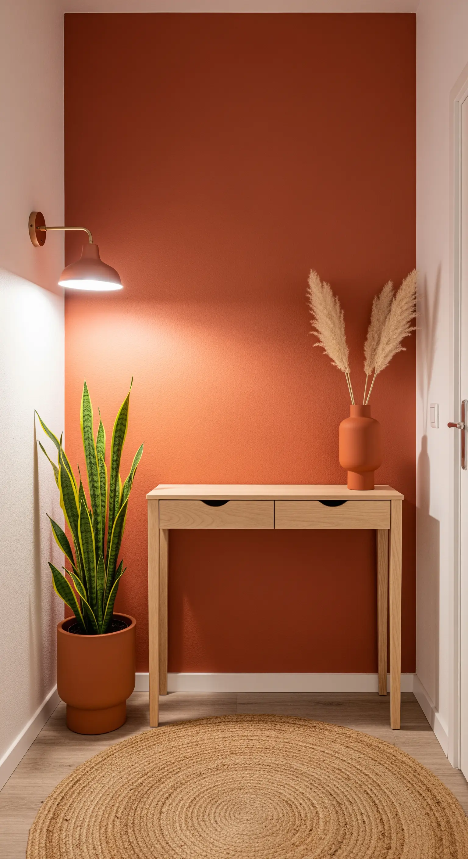 Angolo d'ingresso con parete terracotta, consolle in legno chiaro e tappeto rotondo in juta.