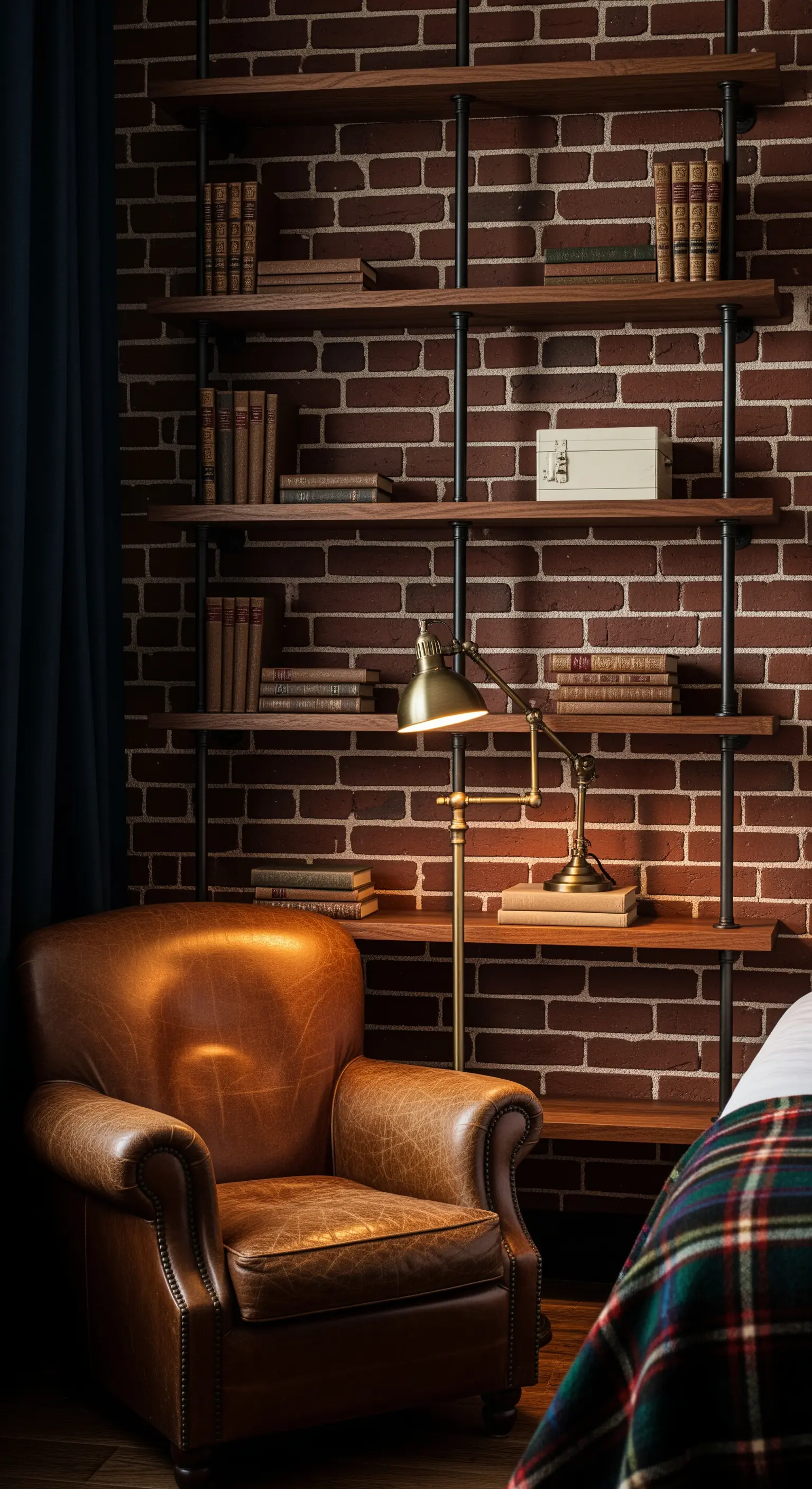 Angolo lettura con poltrona in pelle marrone, libreria industriale e lampada in ottone.