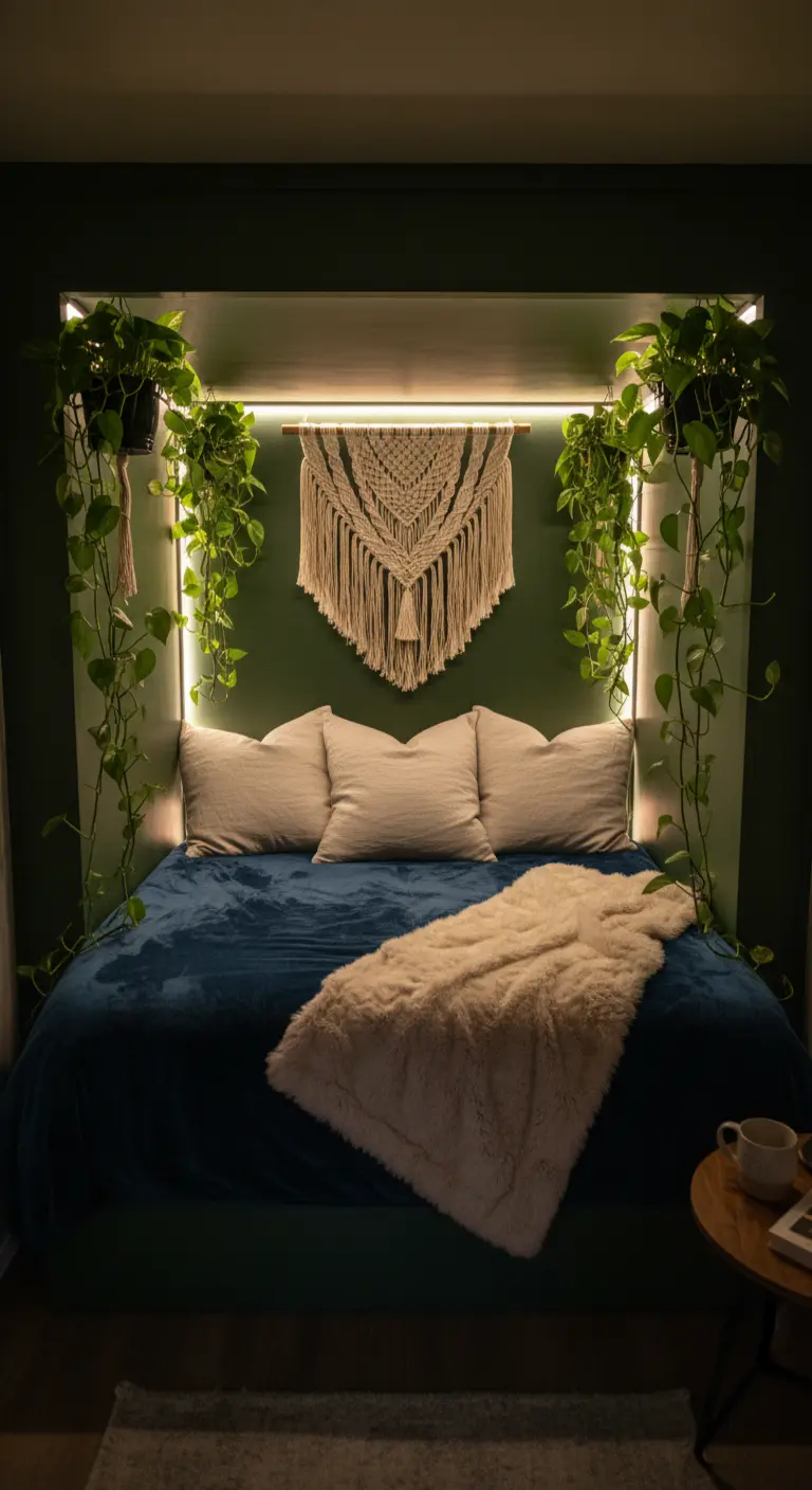 Letto in una nicchia verde scuro illuminata da strisce LED e decorata con piante.