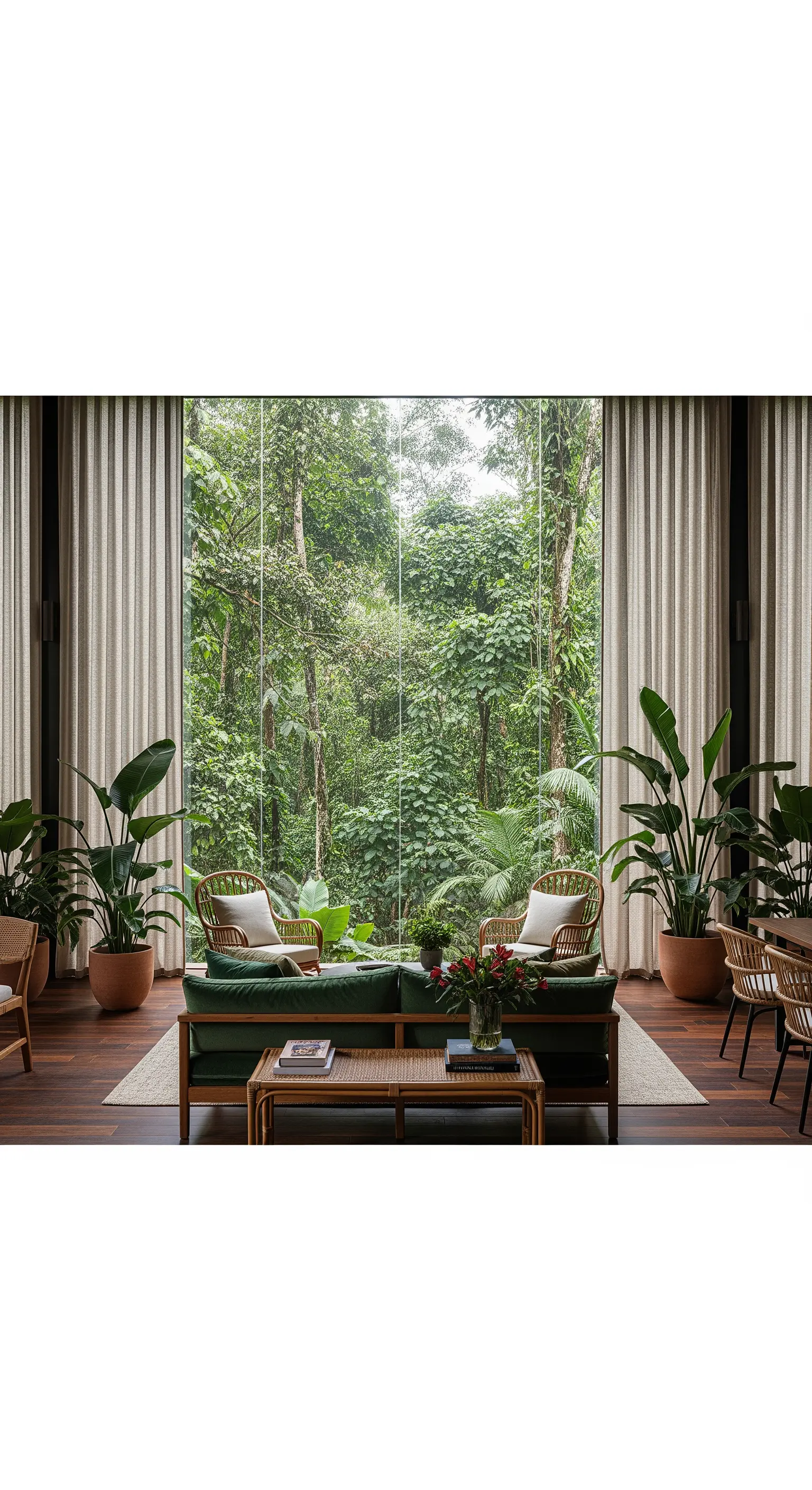 Salotto con enorme parete vetrata che si affaccia su una foresta lussureggiante.