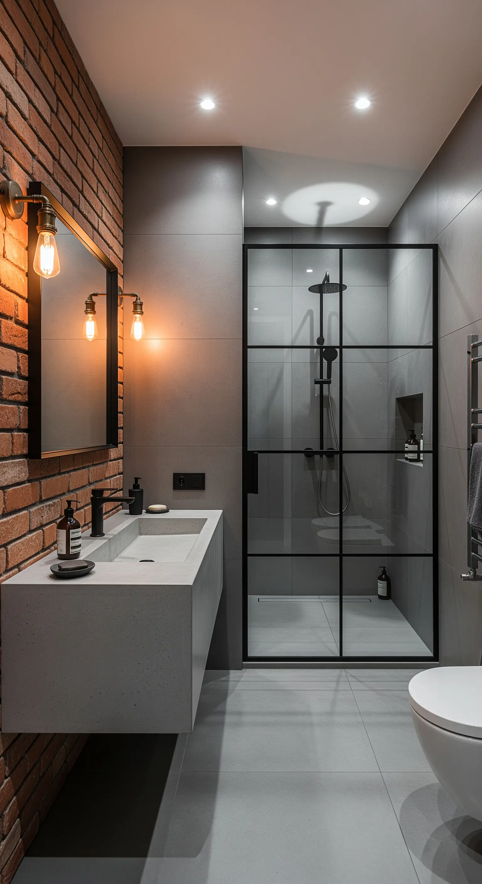 Bagno industrial con parete in mattoni, lavabo sospeso in cemento e box doccia nero.