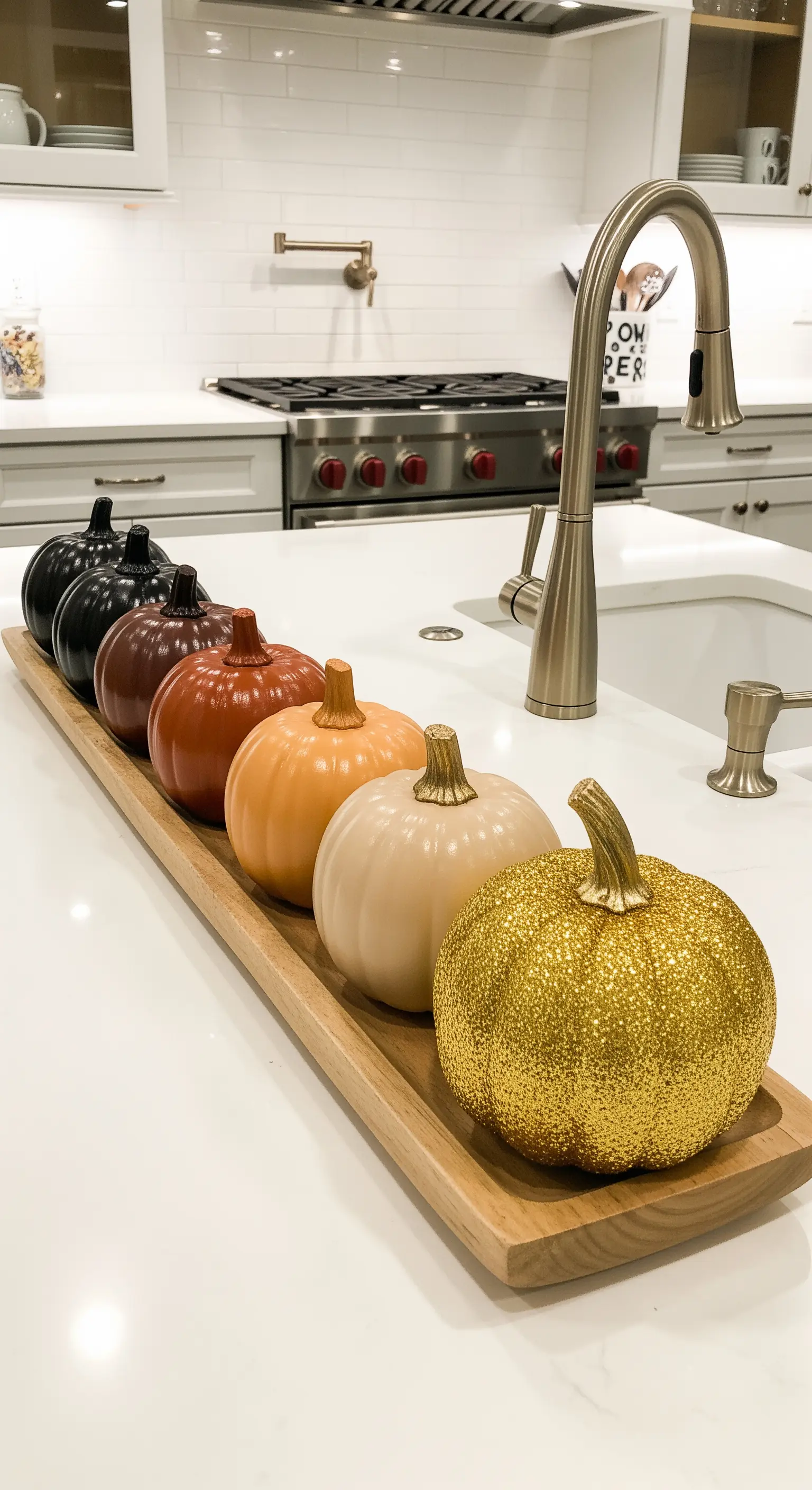 Vassoio in legno con zucche disposte in gradiente di colore, da scuro a chiaro con una dorata.