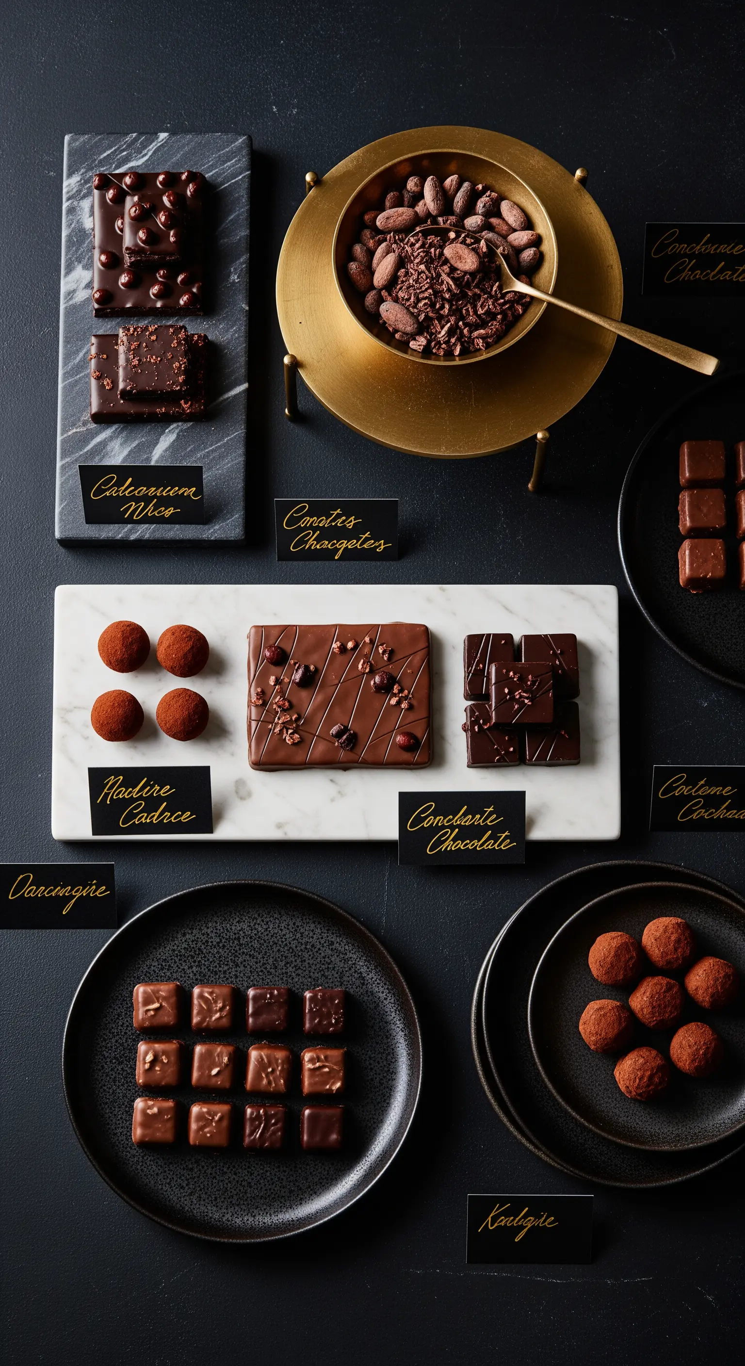 Esposizione di cioccolatini e praline su taglieri di marmo e alzate dorate, con etichette nere.