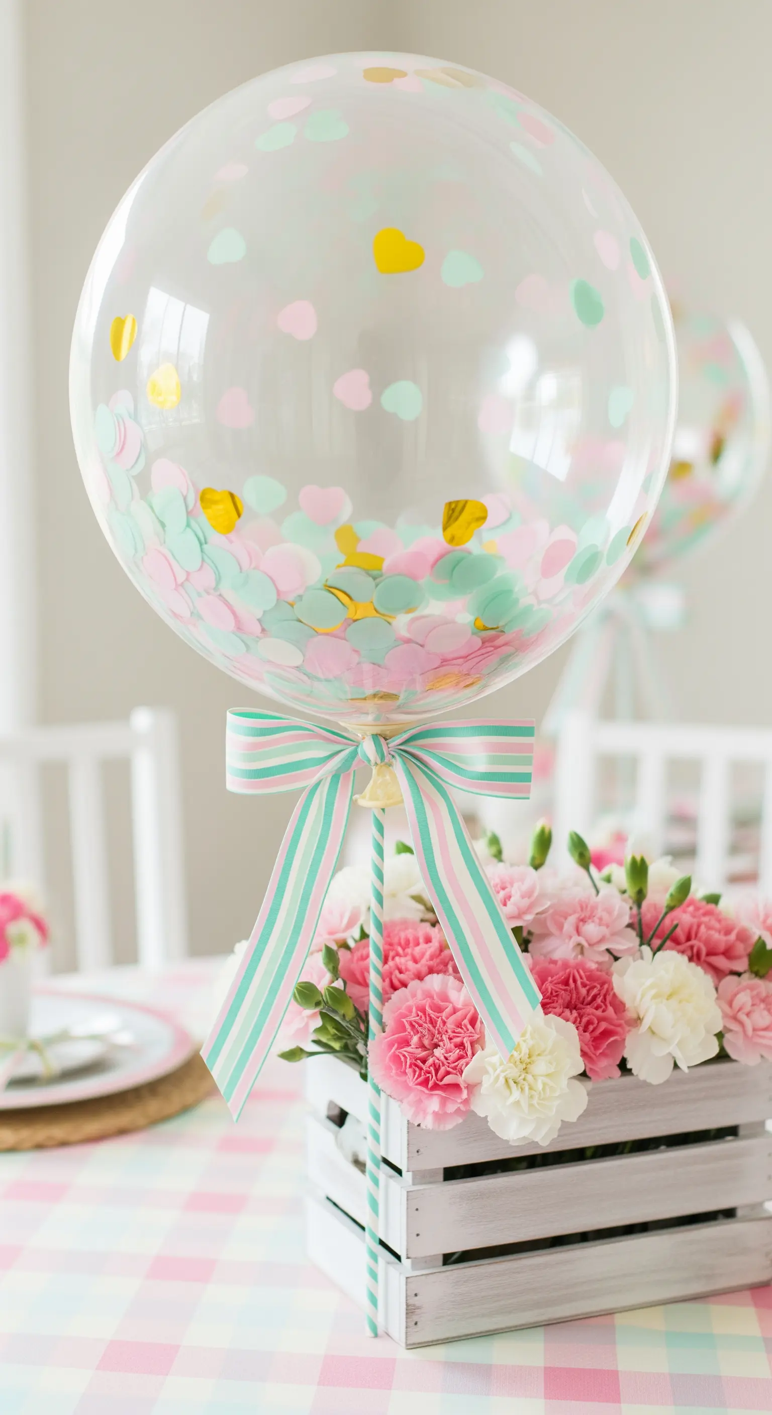 Centrotavola con palloncino dai coriandoli a cuore pastello e garofani in una cassetta di legno.