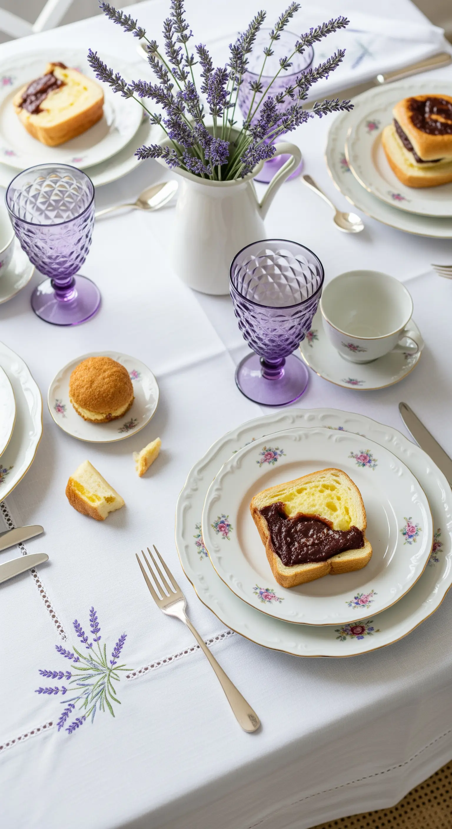Tavola a tema lavanda con tovaglia ricamata, bicchieri viola e piatti in porcellana floreale.
