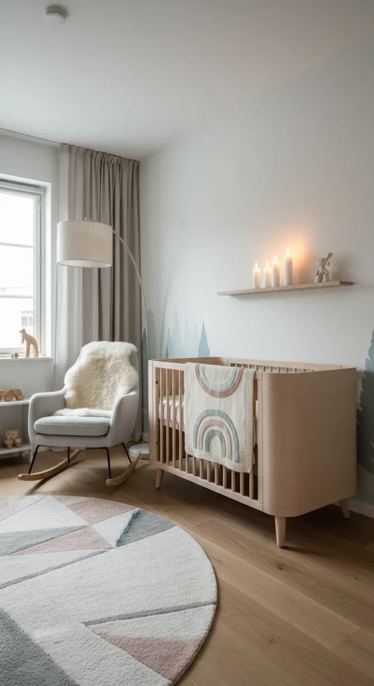 Cameretta per neonato in stile scandinavo con culla in legno e una mensola con candele a LED.