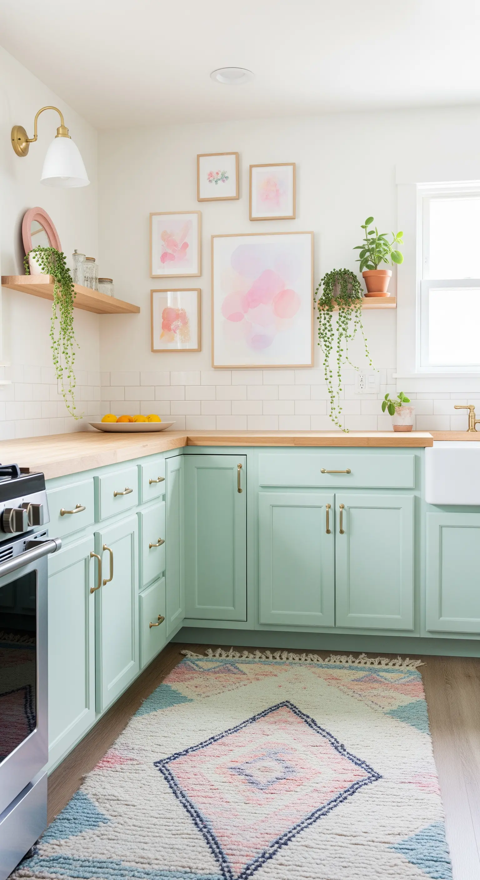 Cucina verde menta con top in legno, acquerelli astratti e piccole piante rampicanti.