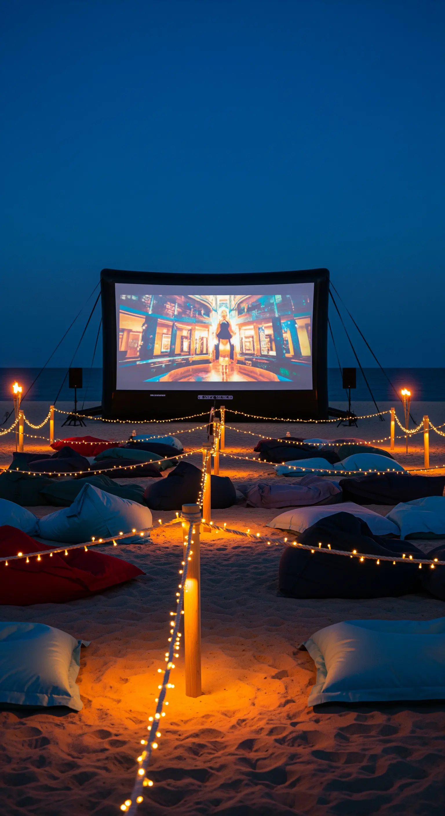 Cinema all'aperto sulla spiaggia con schermo gonfiabile e un'area definita da lucine.