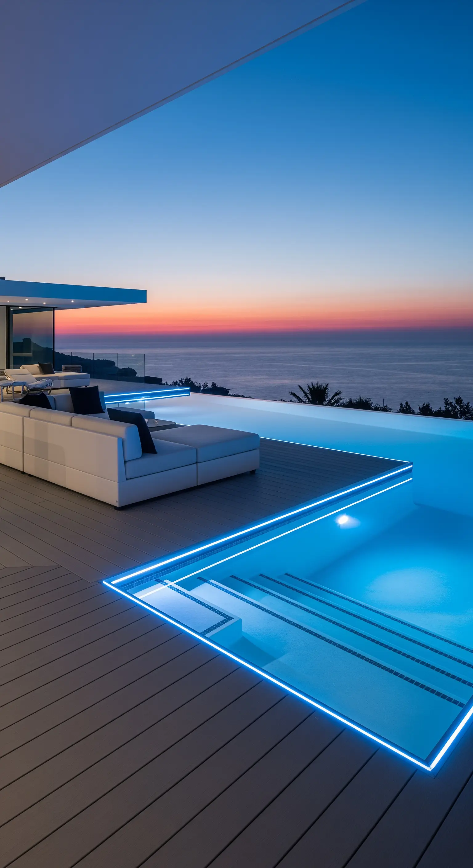 Piscina a sfioro con bordo illuminato da una striscia LED blu e un divano bianco sulla terrazza.