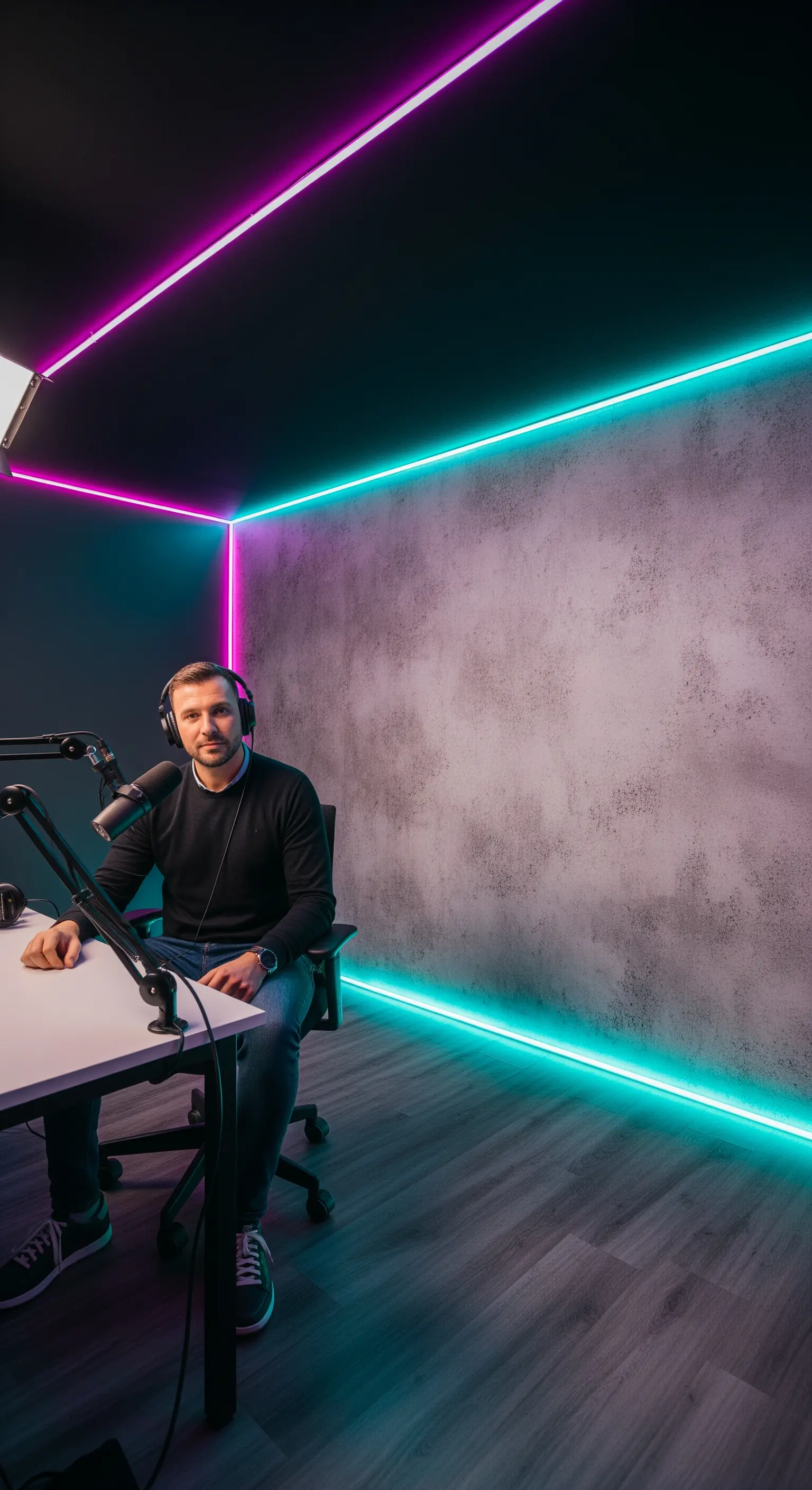 Uomo in uno studio di registrazione con illuminazione a LED ciano e magenta.