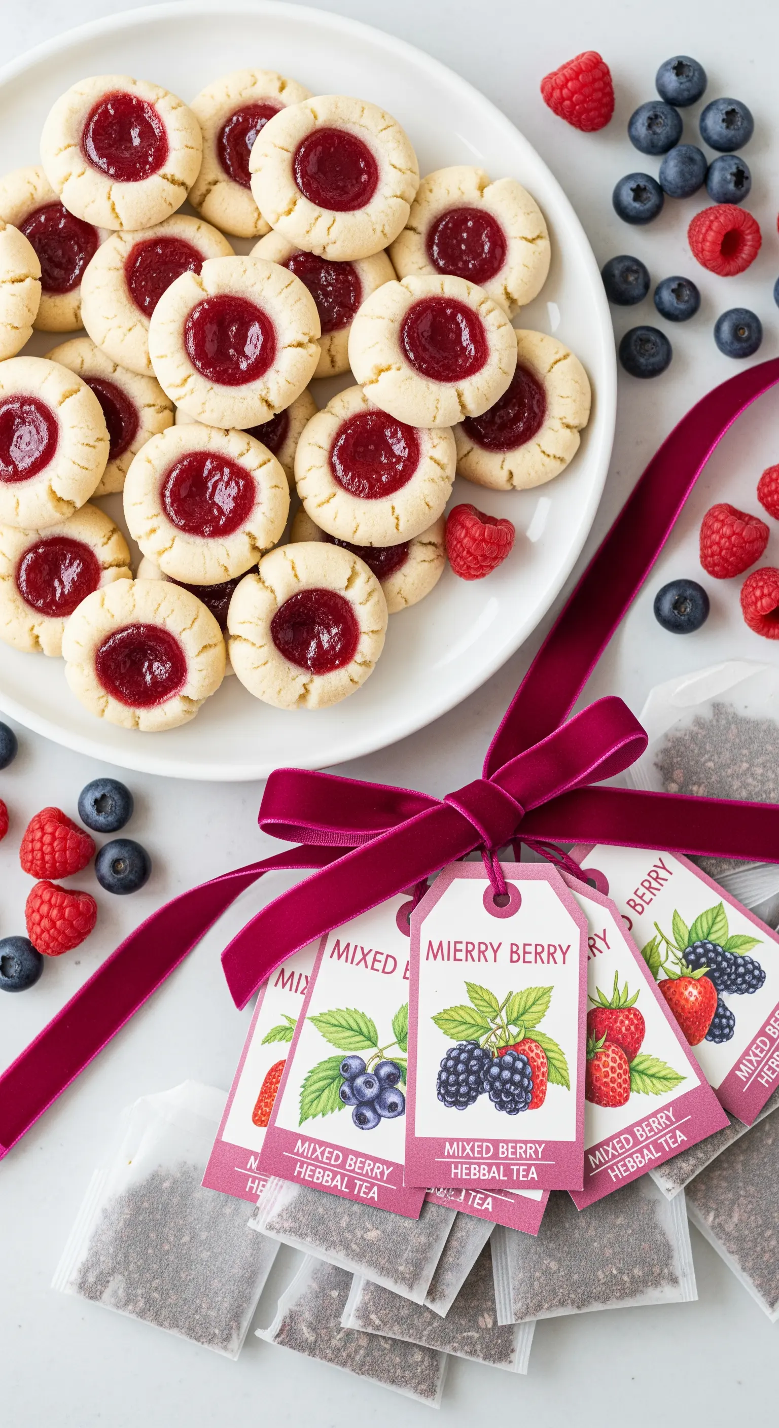 Biscotti con marmellata ai frutti di bosco e bustine di tè con etichette illustrate.