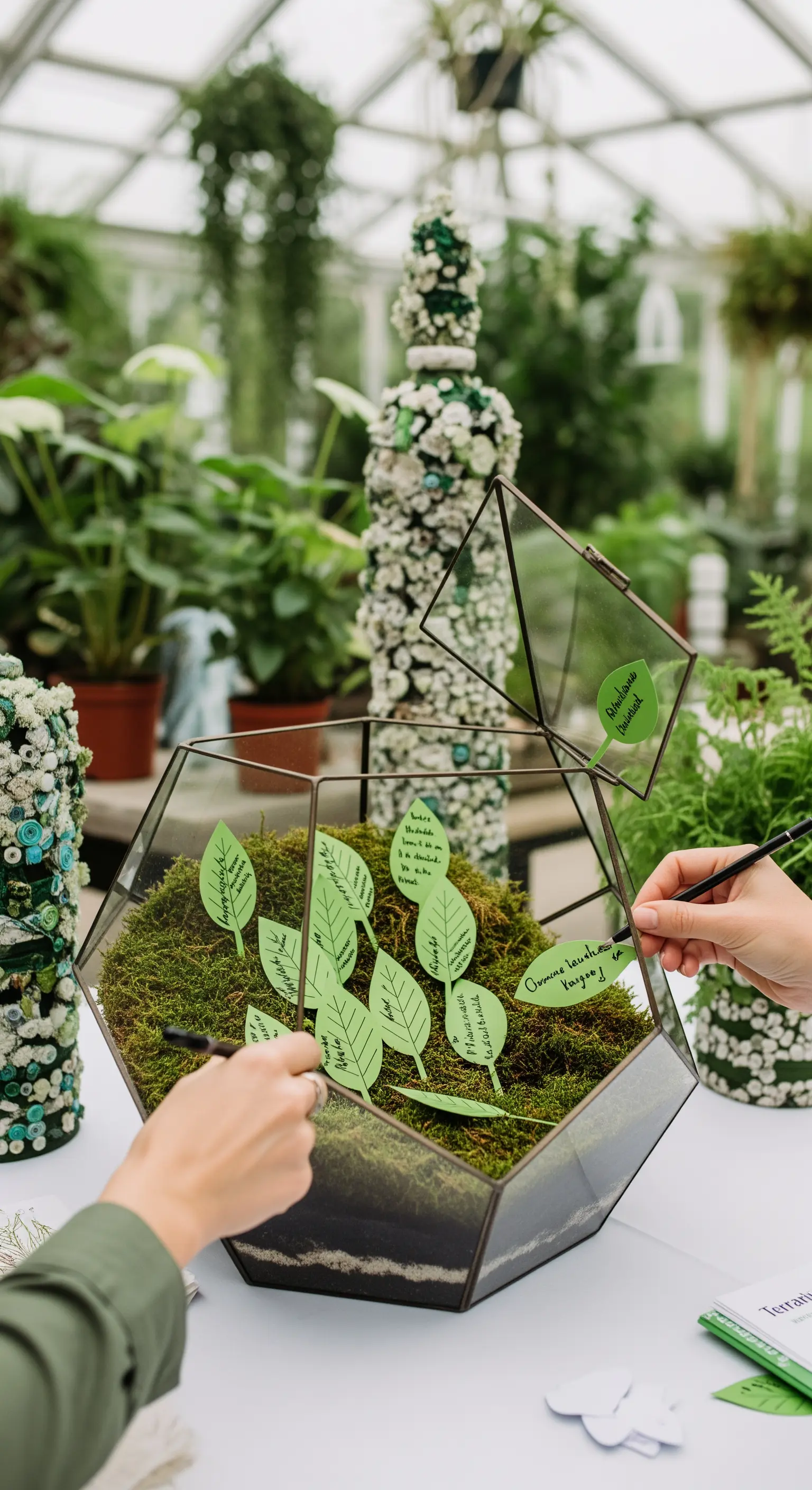 Terrario geometrico con muschio per raccogliere messaggi scritti su foglie di carta