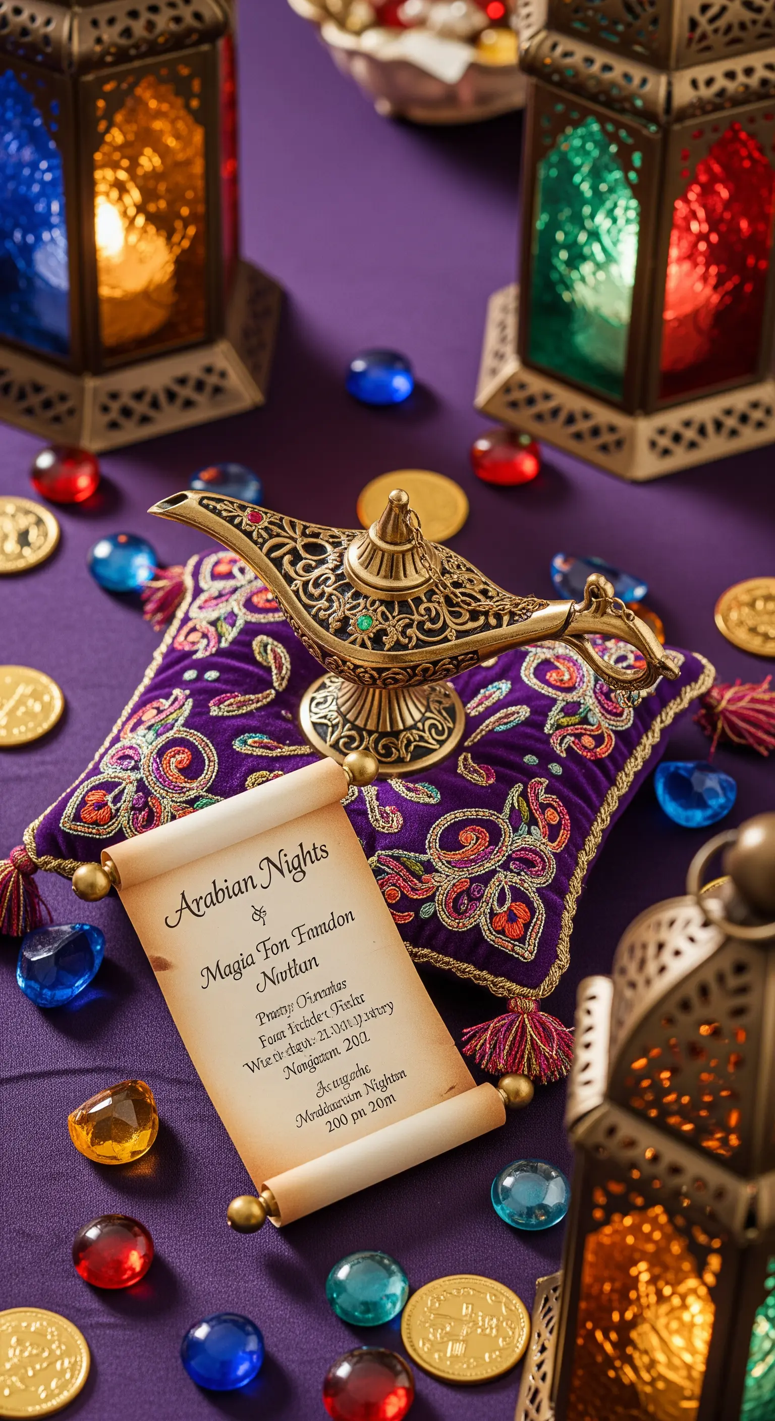 Invito a tema Notti d'Arabia con lampada del genio, pergamena e lanterne colorate.