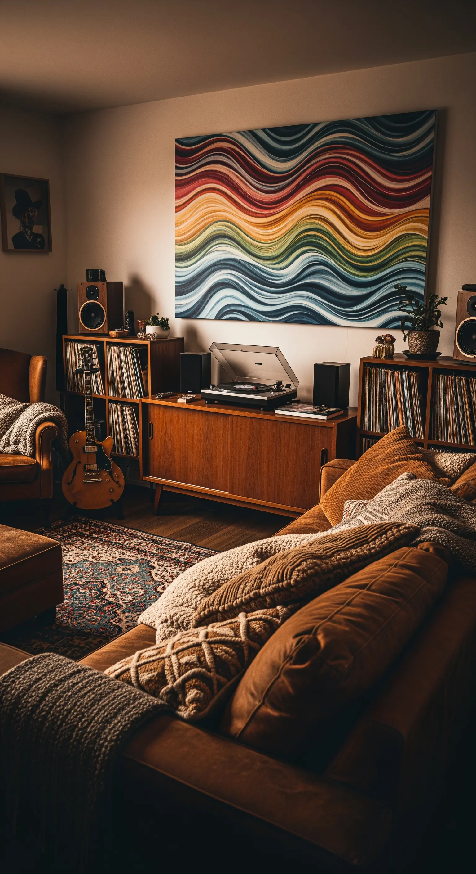 Salotto con mobile giradischi, collezione di vinili e un quadro astratto con onde colorate.