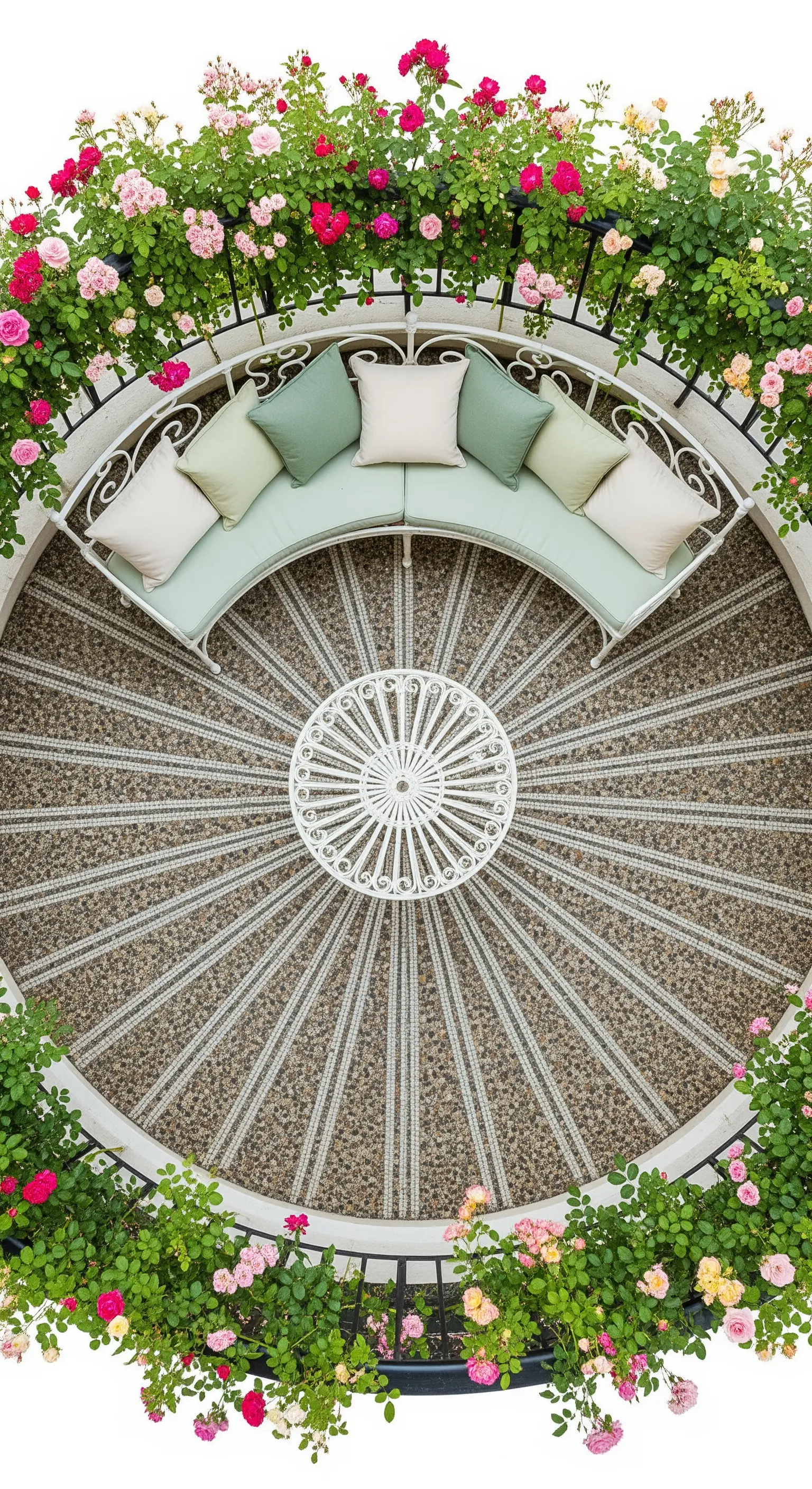 Balcone rotondo visto dall'alto, con panca curva, cuscini e pavimento a mosaico radiale