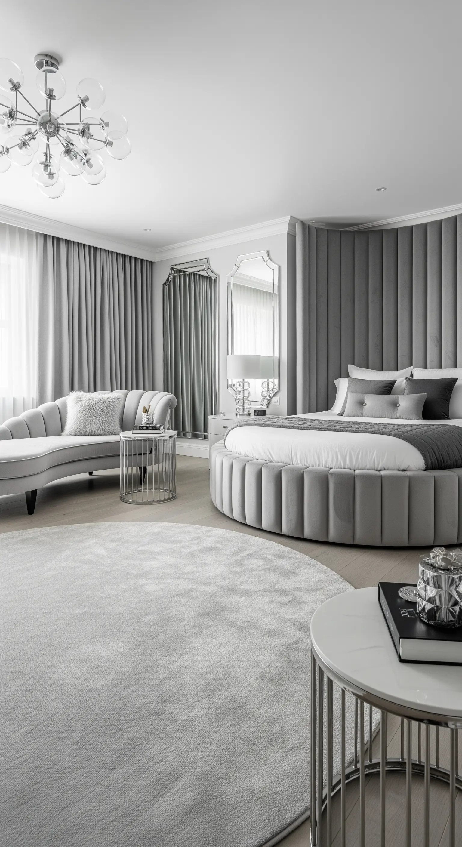 Letto rotondo imbottito in velluto grigio con testiera curva a parete.