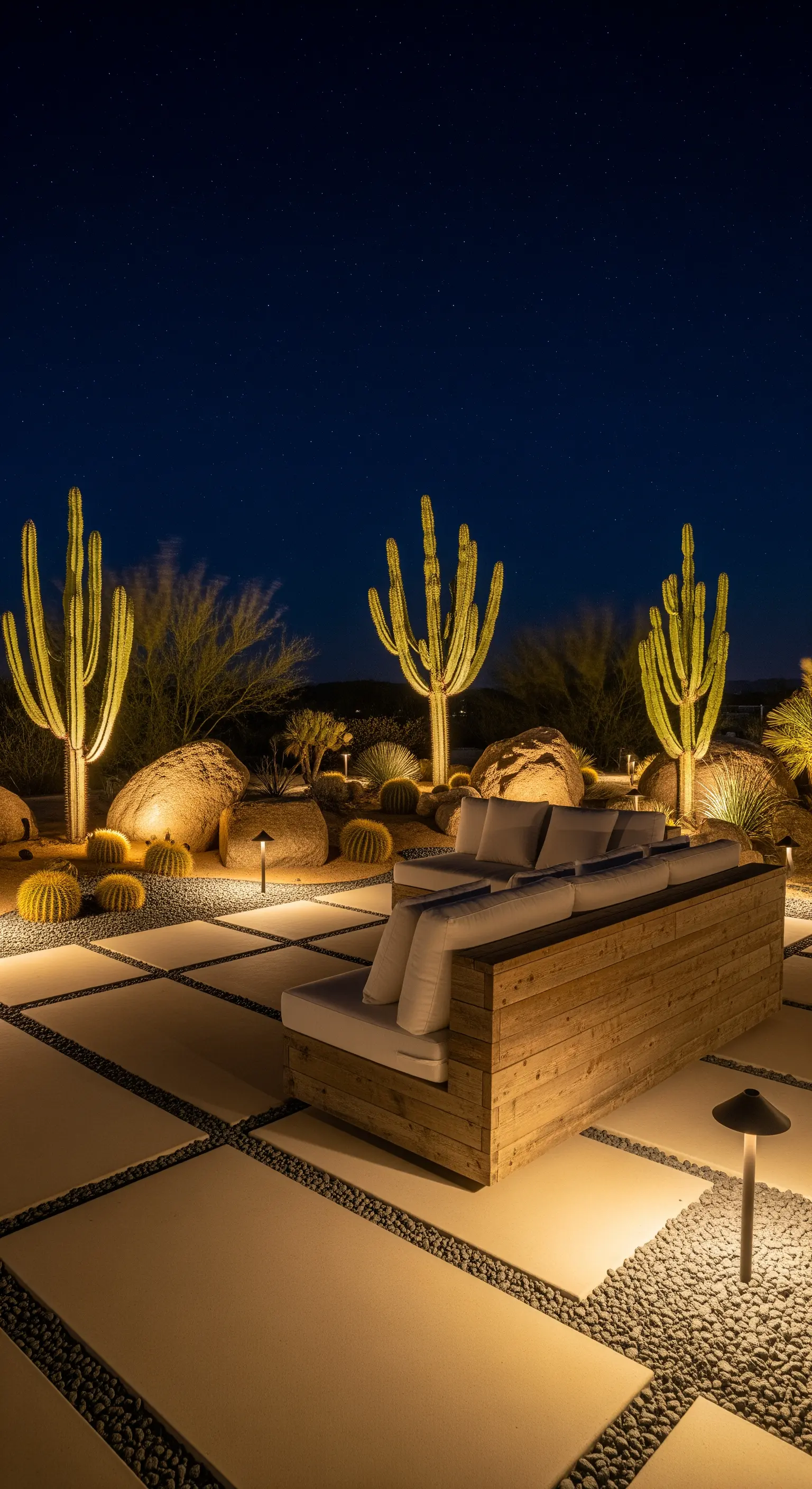 Patio in stile desertico con divano in legno e cactus illuminati.