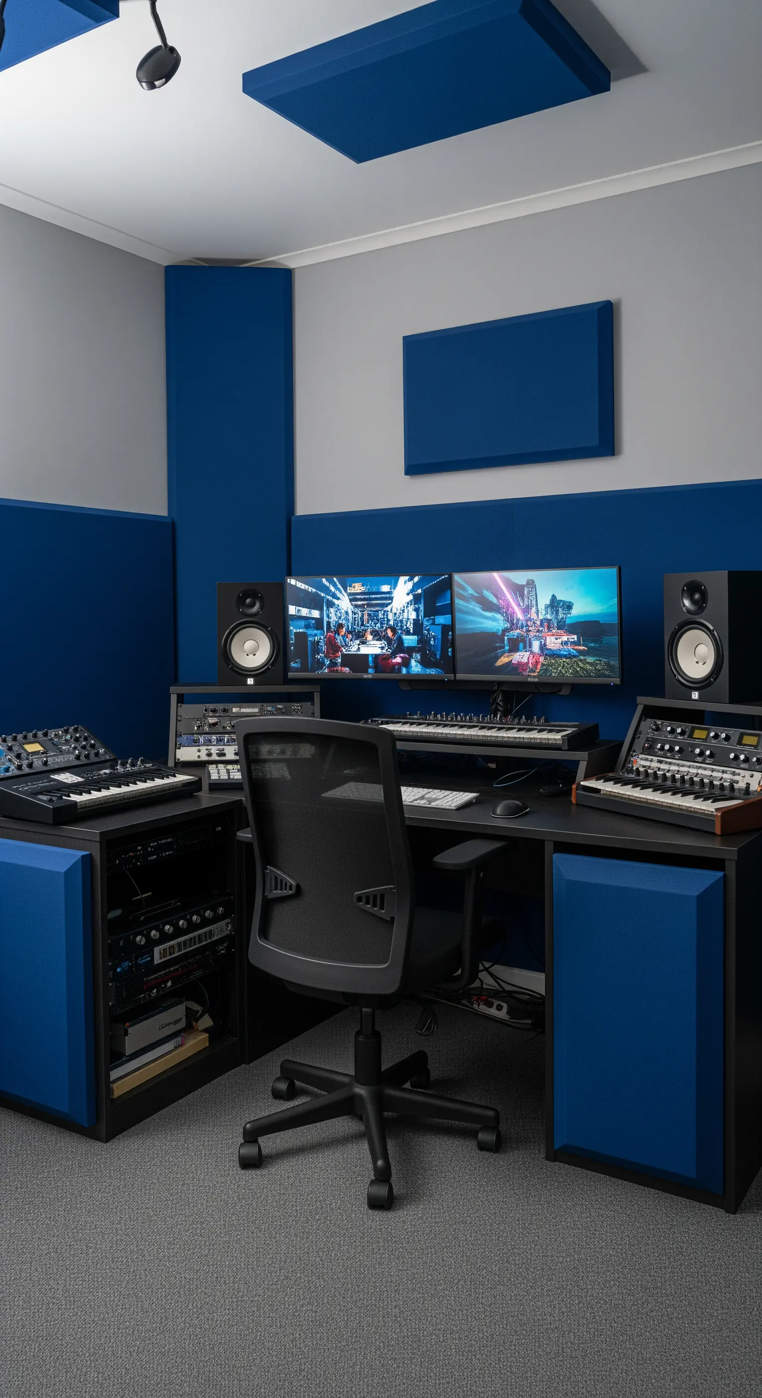 Studio di registrazione con pannelli acustici blu montati su pareti grigie e scrivania nera.