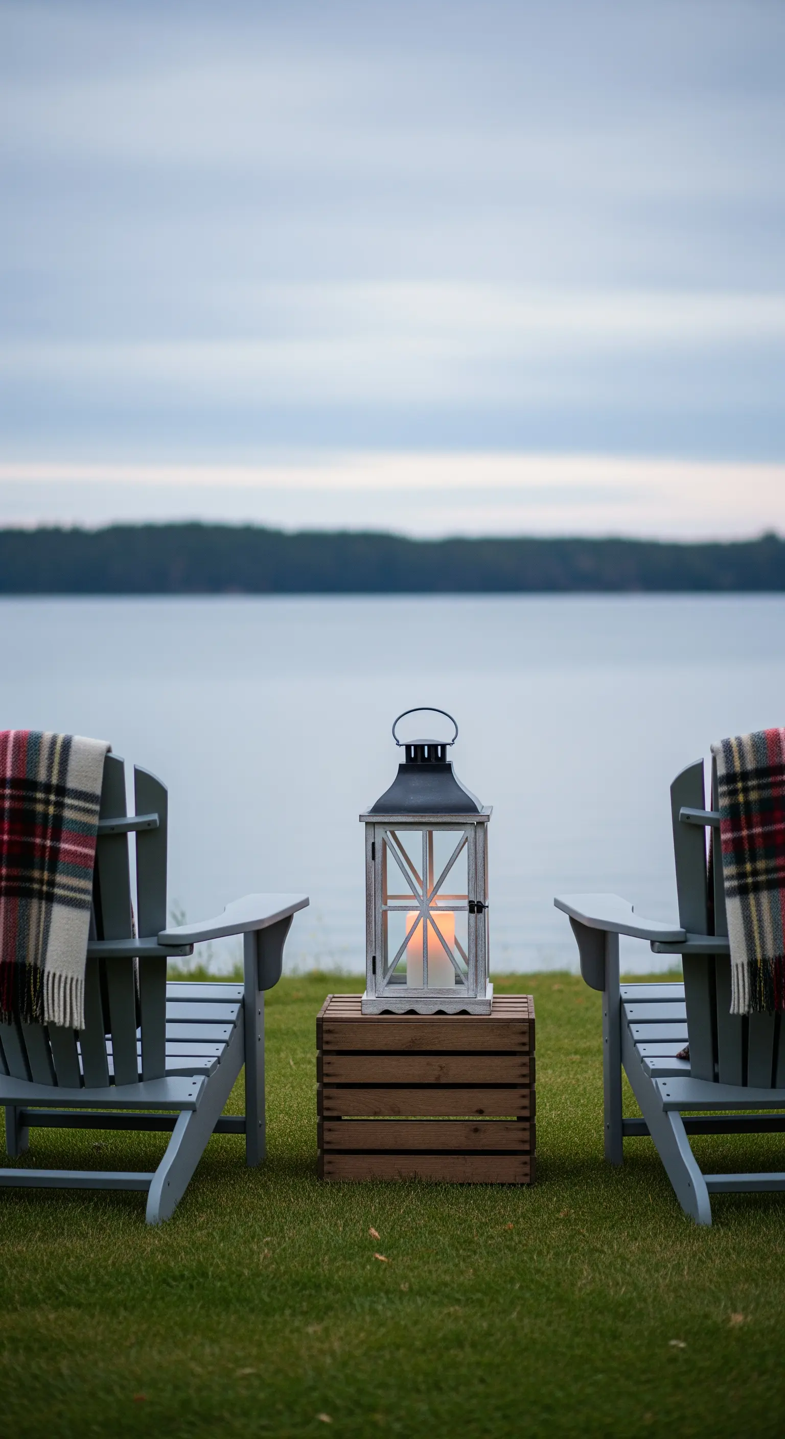 Due sedie Adirondack grigie con plaid di fronte a un lago, con una lanterna su una cassa di legno.