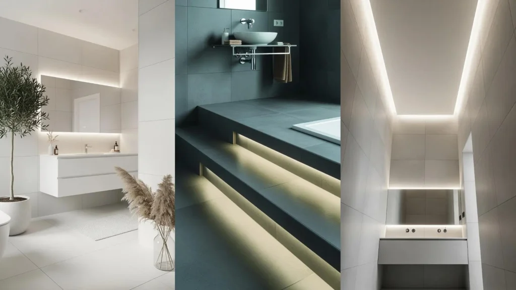 Bagni moderni con design funzionale, led nascosti e piastrelle effetto cemento. Tre esempi di interior design minimalista.