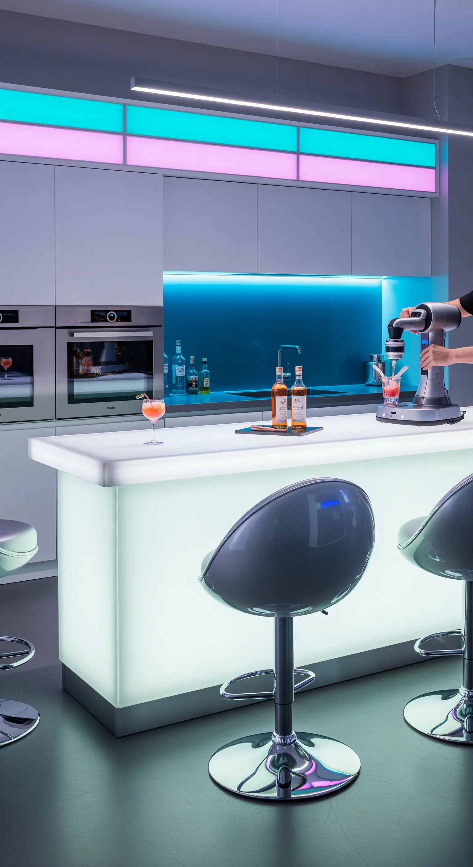 Cucina futuristica con isola retroilluminata, luci al neon e sgabelli di design grigi.